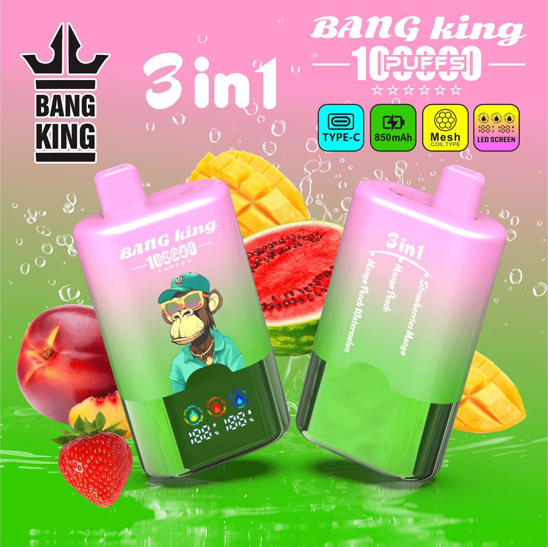 Bang King 100000 Puffs 3-in-1 Vape – LED Screen | 850mAh Rechargeable | Mesh Coil | Type-C Charging | 3%5% Nicotine3-in-1 Vape – LED スクリーン | 850mAh 充電式 | メッシュコイル | Type-C 充電 | 0-5% ニコチン