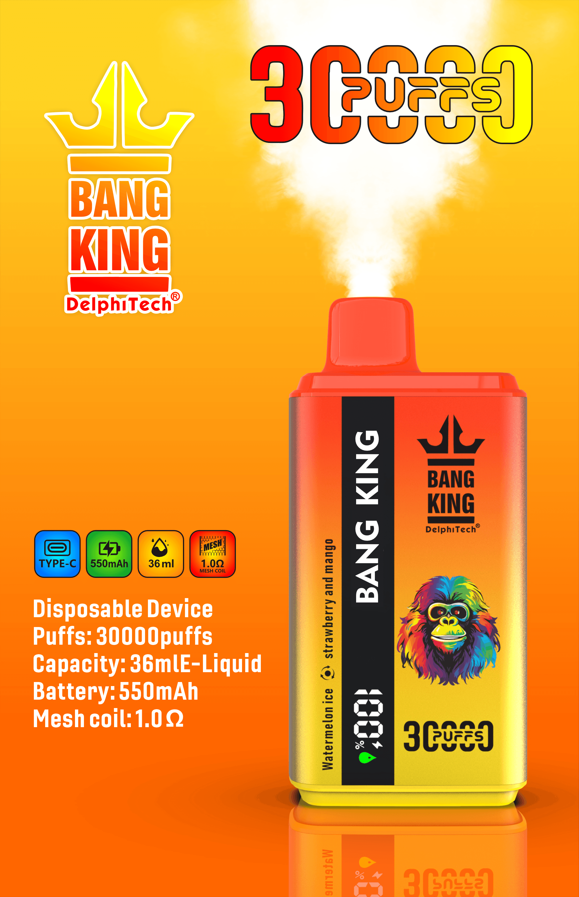 Bang King 30K Vape Dual Flavor 30000 Puffs Vape Smart Screen デュアルフレーバー使い捨て電子タバコ（最大30,000回吸引）スマートディスプレイ搭載