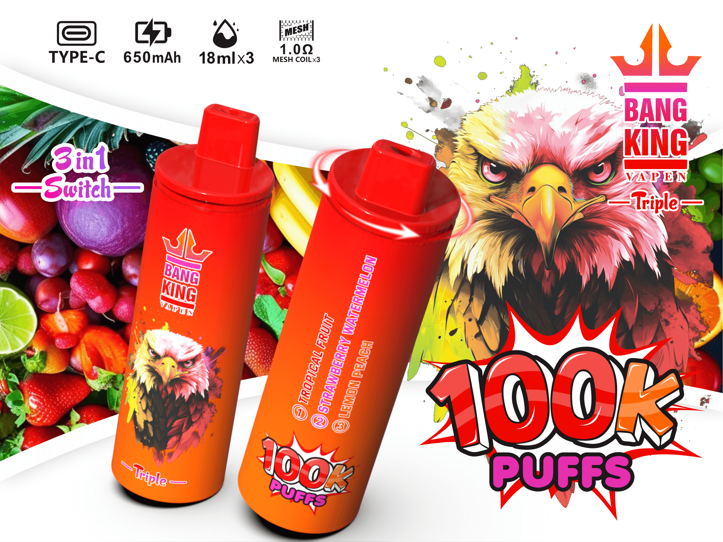 Bang King Triple 100000 Puffs Vape – 3 Oil Tanks Triple Flavor System Mesh Coil Type-C Recharge 3%or5% Nicotine オイルタンクトリプルフレーバーシステムメッシュコイル Type-C リチャージ 3% 5% ニコチン