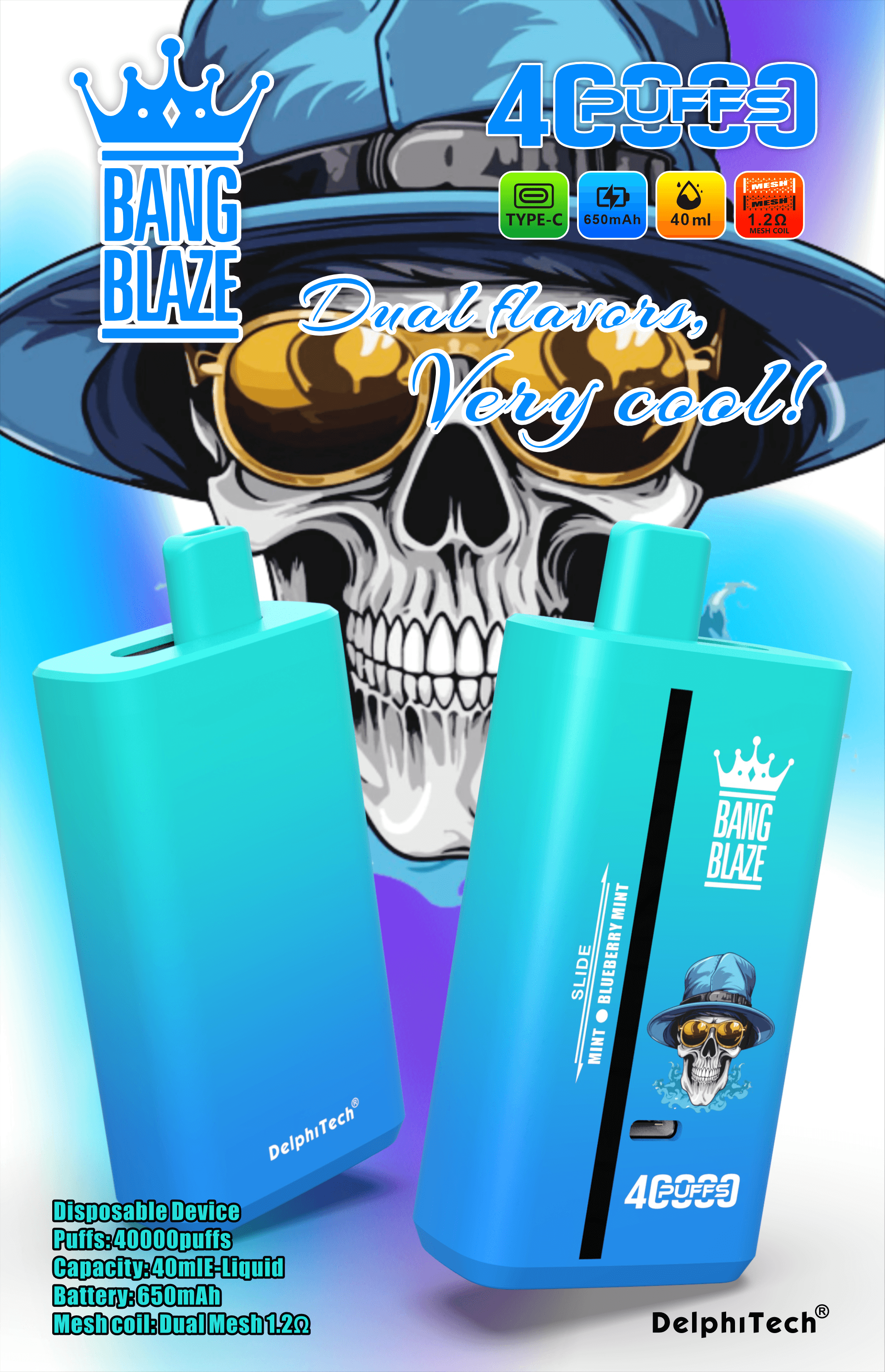 Bang Blaze 40000 Puffs Vape | 40ML Dual-Flavor E-liquid, 650mAh Battery, Type-C Recharge, 32 Flavor Combos40ml デュアルフレーバーEリキッド、650mAhバッテリー、Type-C充電、32種類のフレーバーコンボ