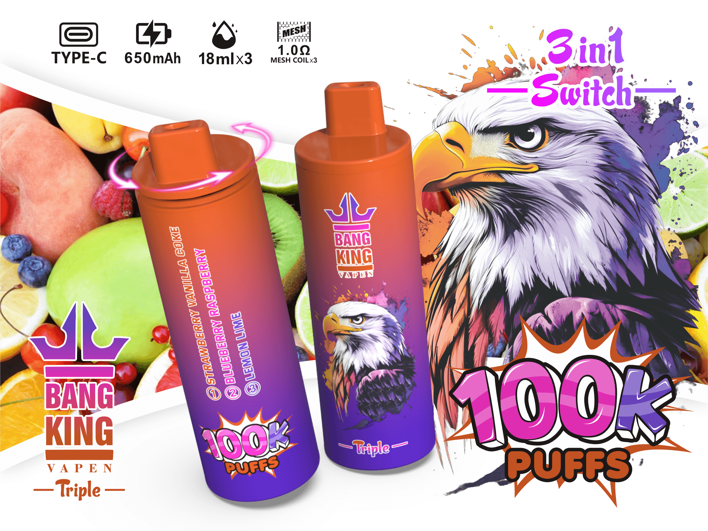 Bang King Triple 100000 Puffs Vape – 3 Oil Tanks Triple Flavor System Mesh Coil Type-C Recharge 3%or5% Nicotine オイルタンクトリプルフレーバーシステムメッシュコイル Type-C リチャージ 3% 5% ニコチン