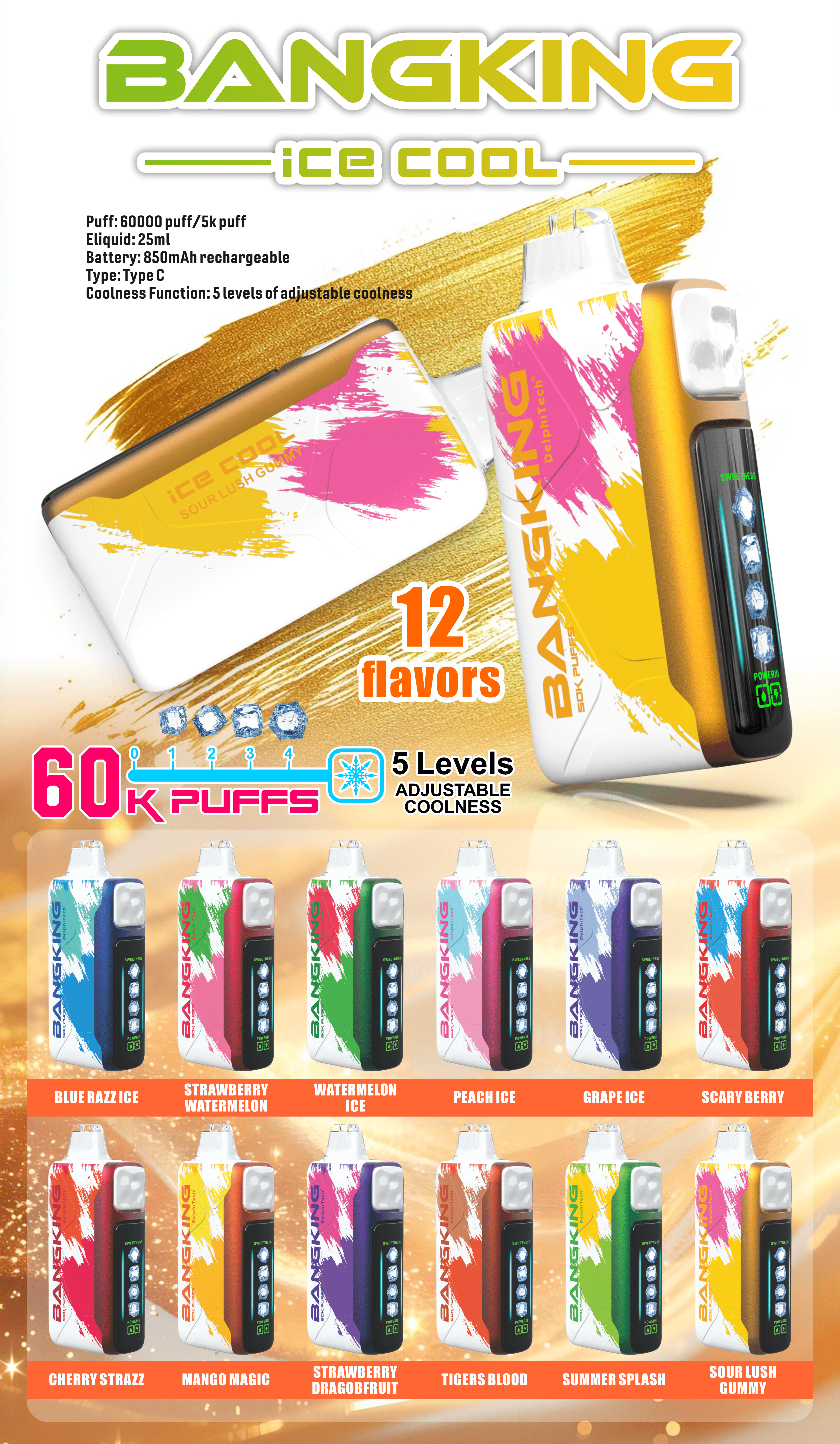 Bang King Ice Cool 60000 Puffs Vape – 5-Level Adjustable Coolness, Mesh Coil, Long-Lasting Performance5 段階で調整可能な冷たさ、メッシュコイル、長期にわたるパフォーマンス