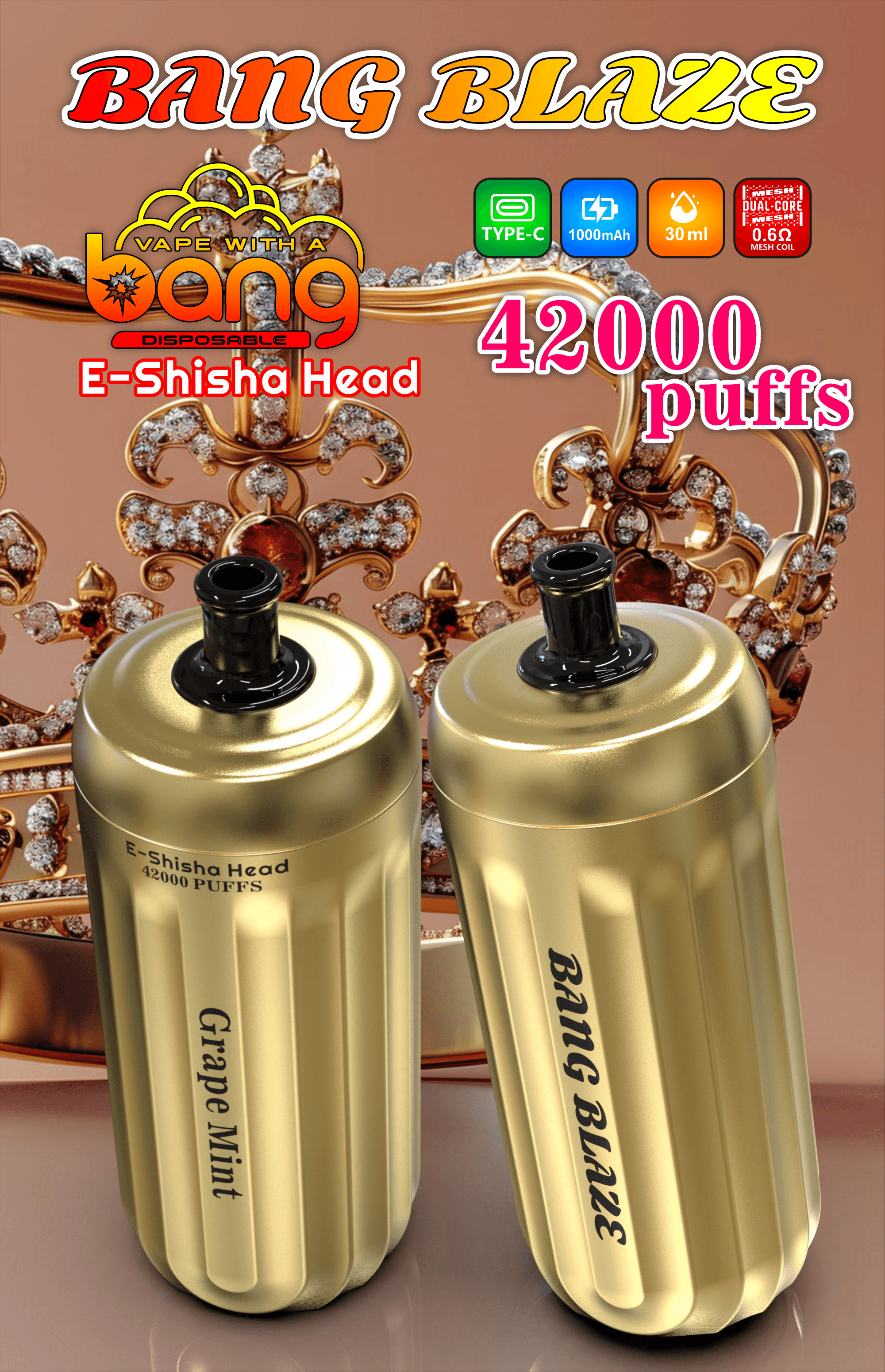 Bang Gold 42000 Puffs Disposable Vape – 850mAh Battery, 40mL E-Liquid, 0% to 5% Nicotine Options850mAhバッテリー、40mLリキッド、ニコチン0%~5％選択可能
