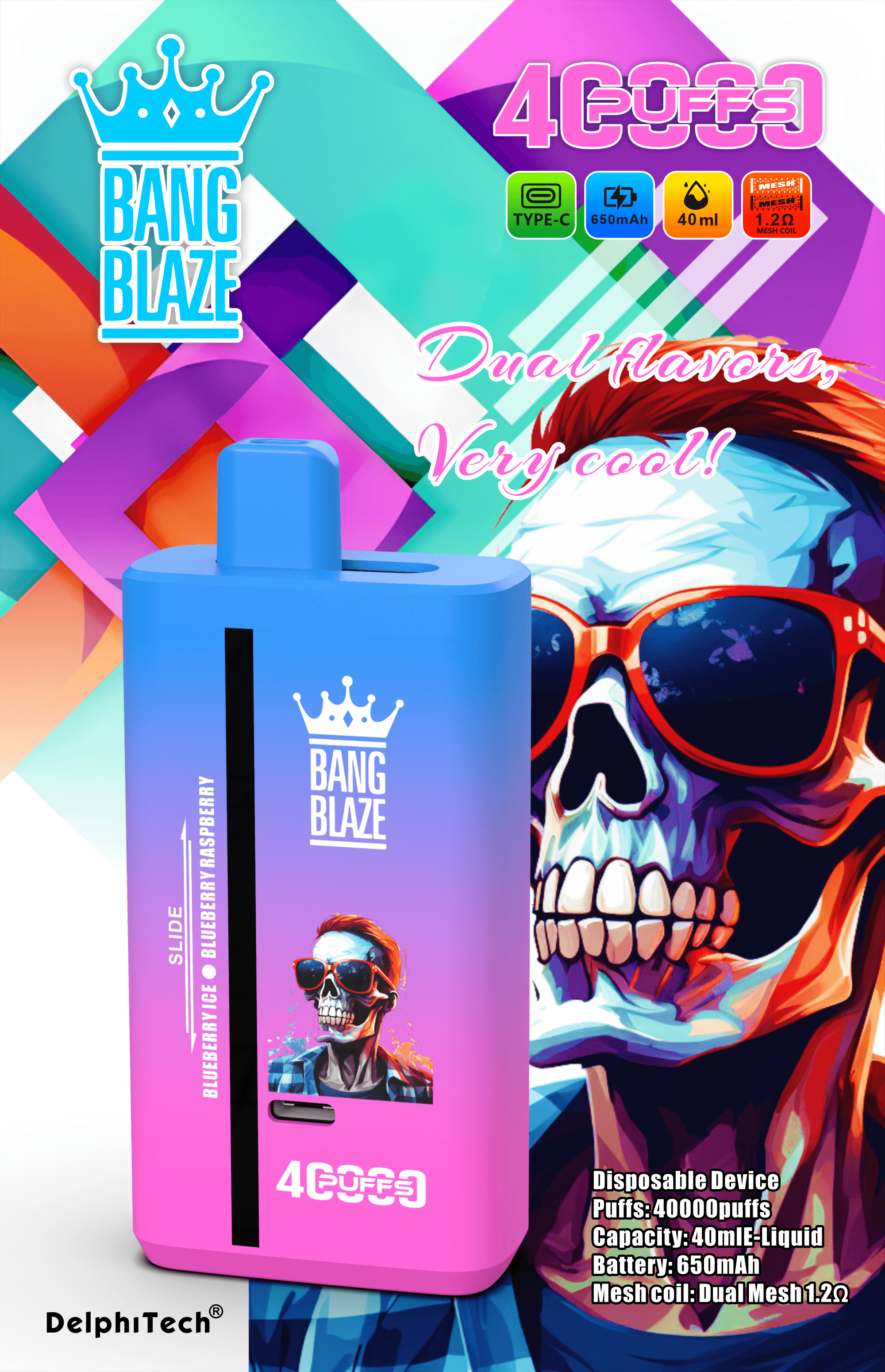 Bang Blaze 40000 Puffs Vape | 40ML Dual-Flavor E-liquid, 650mAh Battery, Type-C Recharge, 32 Flavor Combos40ml デュアルフレーバーEリキッド、650mAhバッテリー、Type-C充電、32種類のフレーバーコンボ