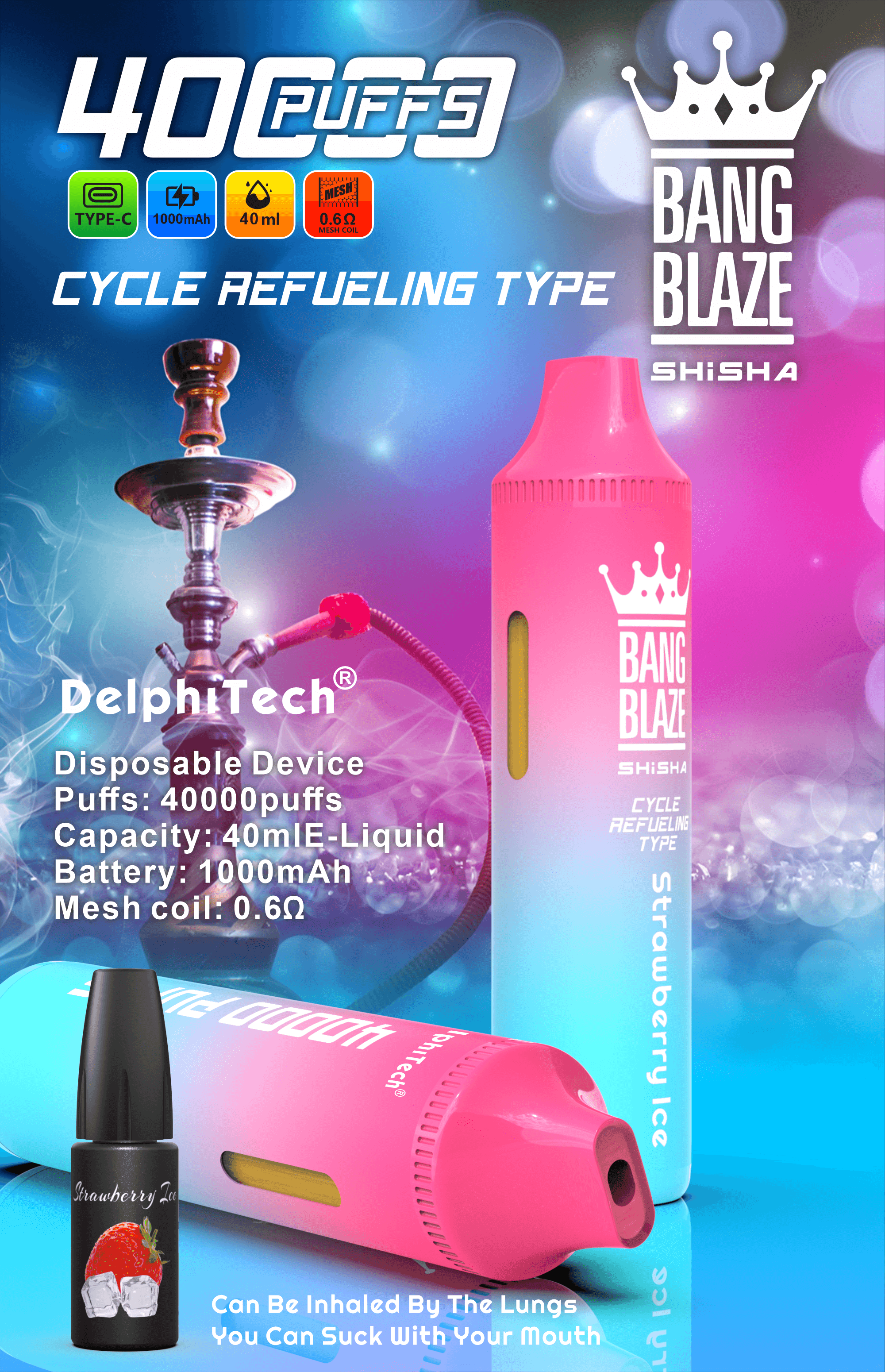 Bang Blaze 40000 Puffs Vape | 40ML Oil Capacity, 1000mAh Battery, Dual Coil, Type-C Rechargeable, 12 Flavorsオイル容量40ml、1000mAhバッテリー、デュアルコイル、Type-C充電式、12種類のフレーバ