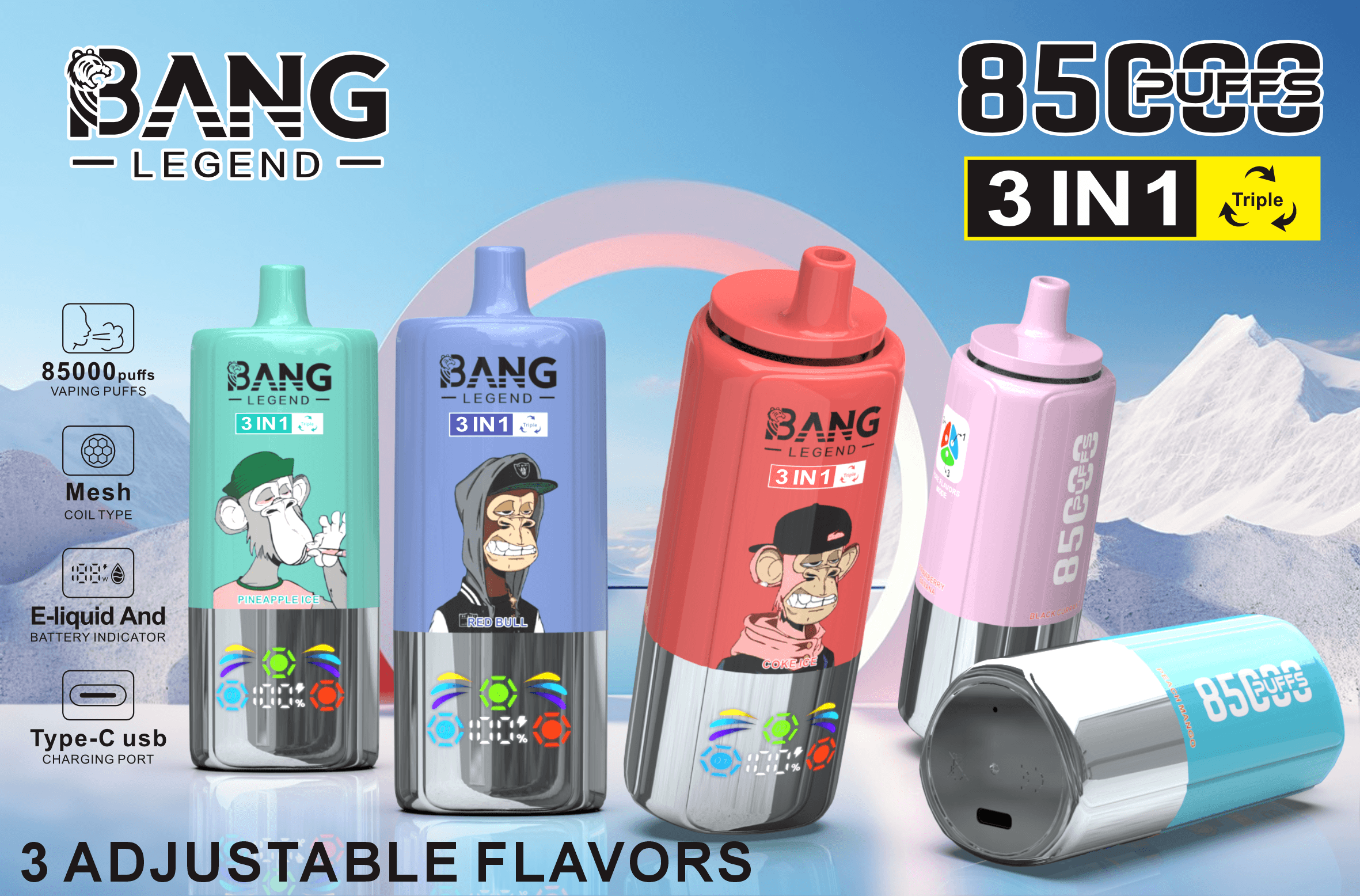 Bang Leader 85K Puffs Disposable Vape 3-in-1 Flavor Switch | Smart Display Monkey Design3種類フレーバー切替可能 使い捨てVAPE｜スマートディスプレイ付き モンキーデザイン