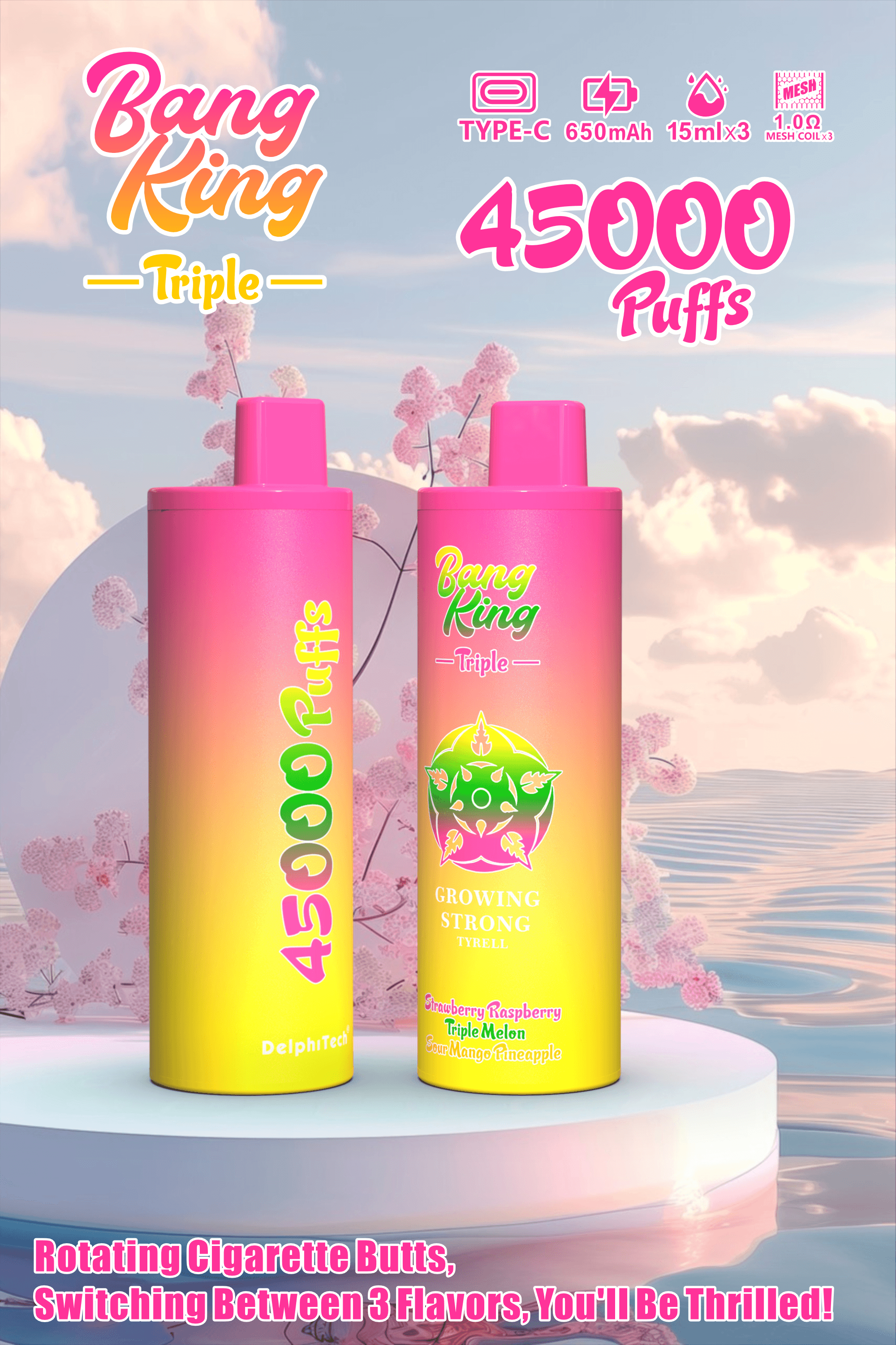 Bang King Triple 45000 Puffs Disposable Vape – Triple Pods (15mL×3), 650mAh Battery, 0%-5% Nicotine使い捨てベイプ – トリプルポッド (15mL×3)、650mAh バッテリー、0%-5% ニコチン