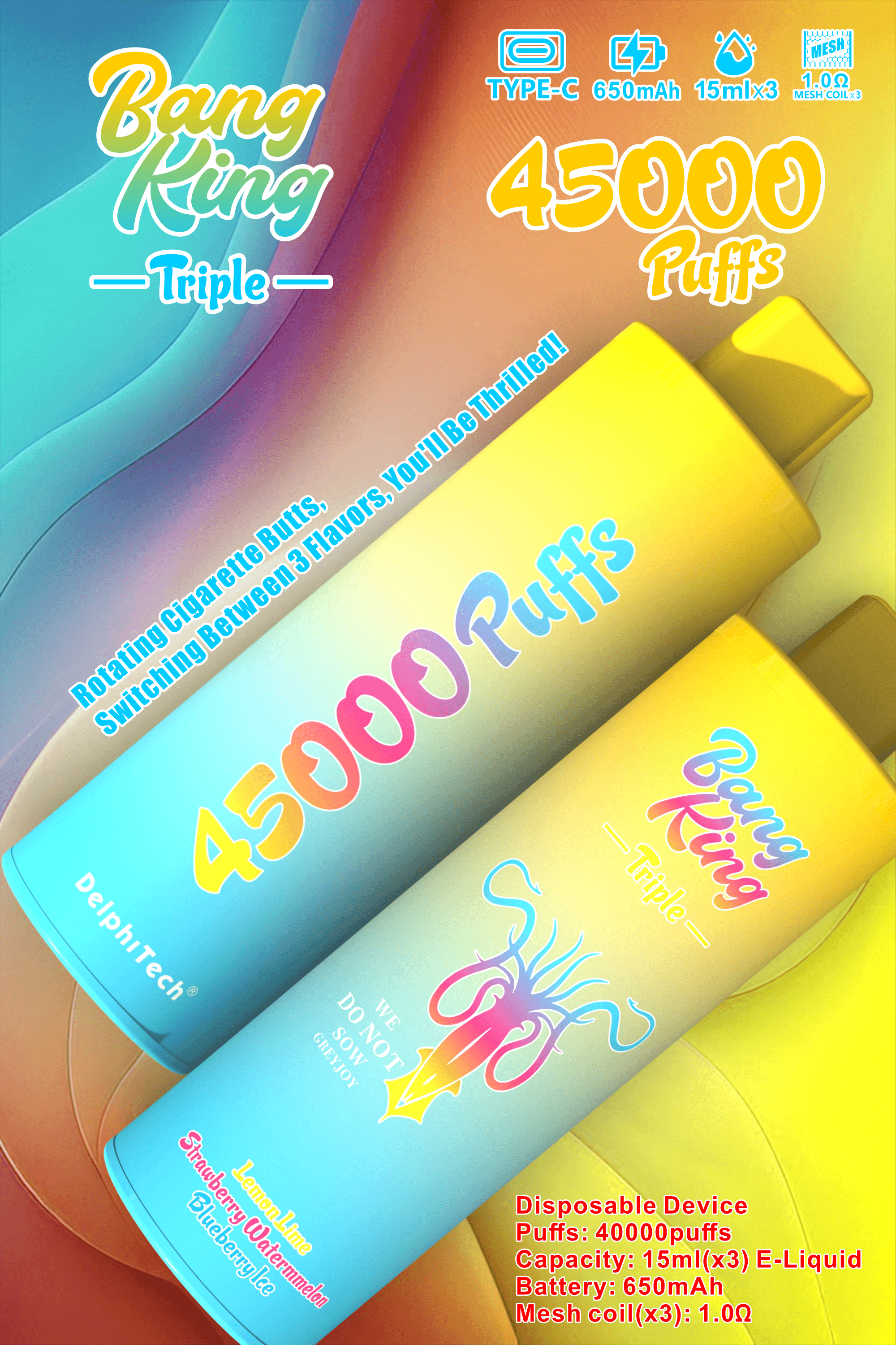 Bang King Triple 45000 Puffs Disposable Vape – Triple Pods (15mL×3), 650mAh Battery, 0%-5% Nicotine使い捨てベイプ – トリプルポッド (15mL×3)、650mAh バッテリー、0%-5% ニコチン