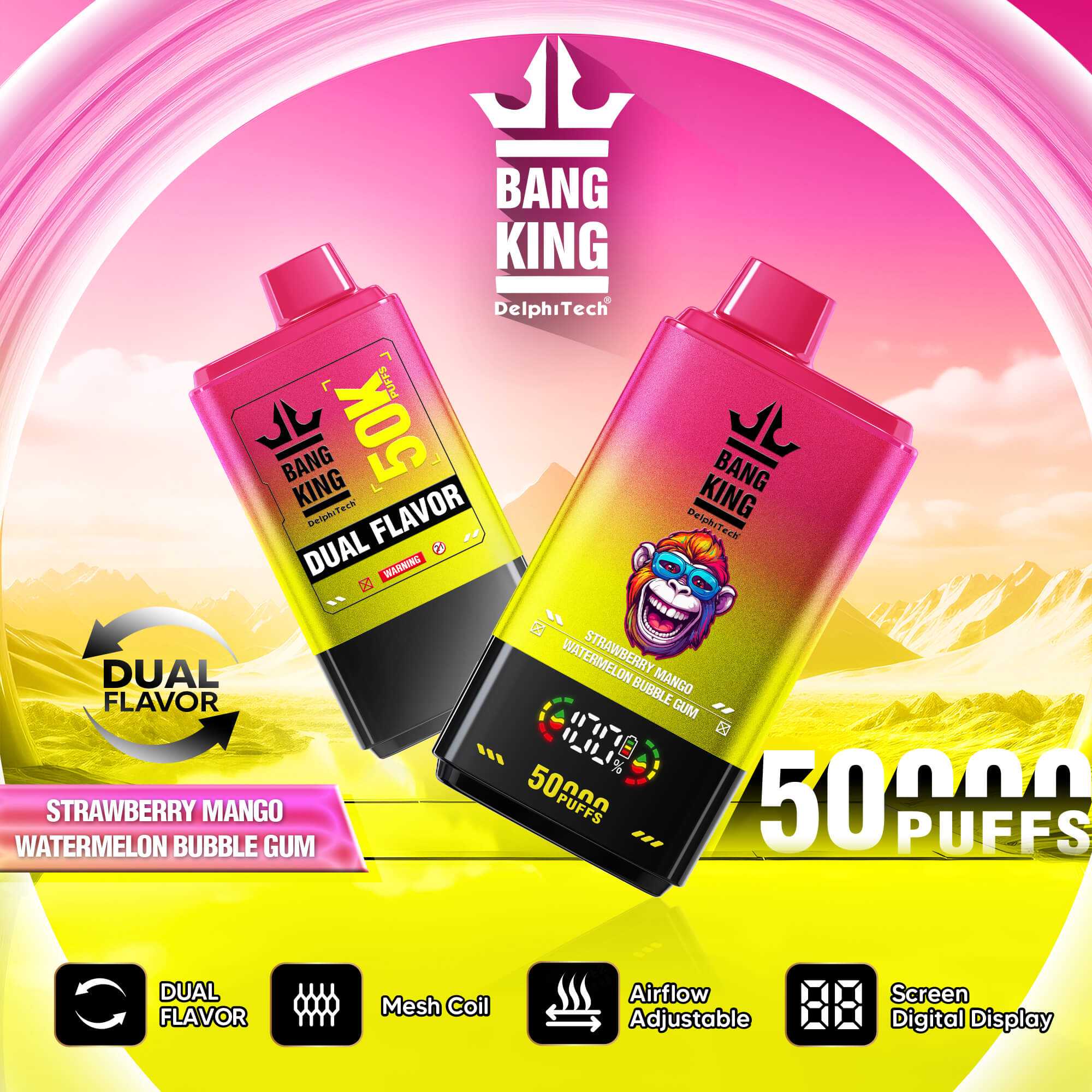 Bang King 50000 Puffs Disposable Vape – 850mAh Battery, 50mL E-Liquid, 0% to 5% Nicotine Options使い捨てベイプ – 850mAhバッテリー、50mL Eリキッド、3% 5%ニコチンオプション