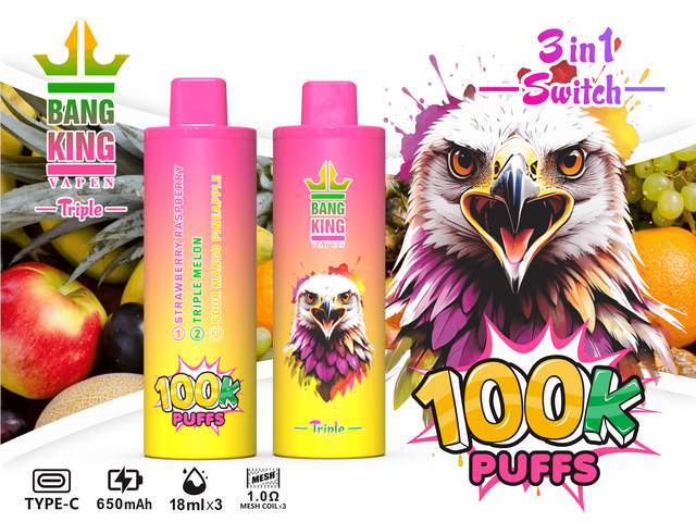 Bang King Triple 100000 Puffs Vape – 3 Oil Tanks Triple Flavor System Mesh Coil Type-C Recharge 3%or5% Nicotine オイルタンクトリプルフレーバーシステムメッシュコイル Type-C リチャージ 3% 5% ニコチン