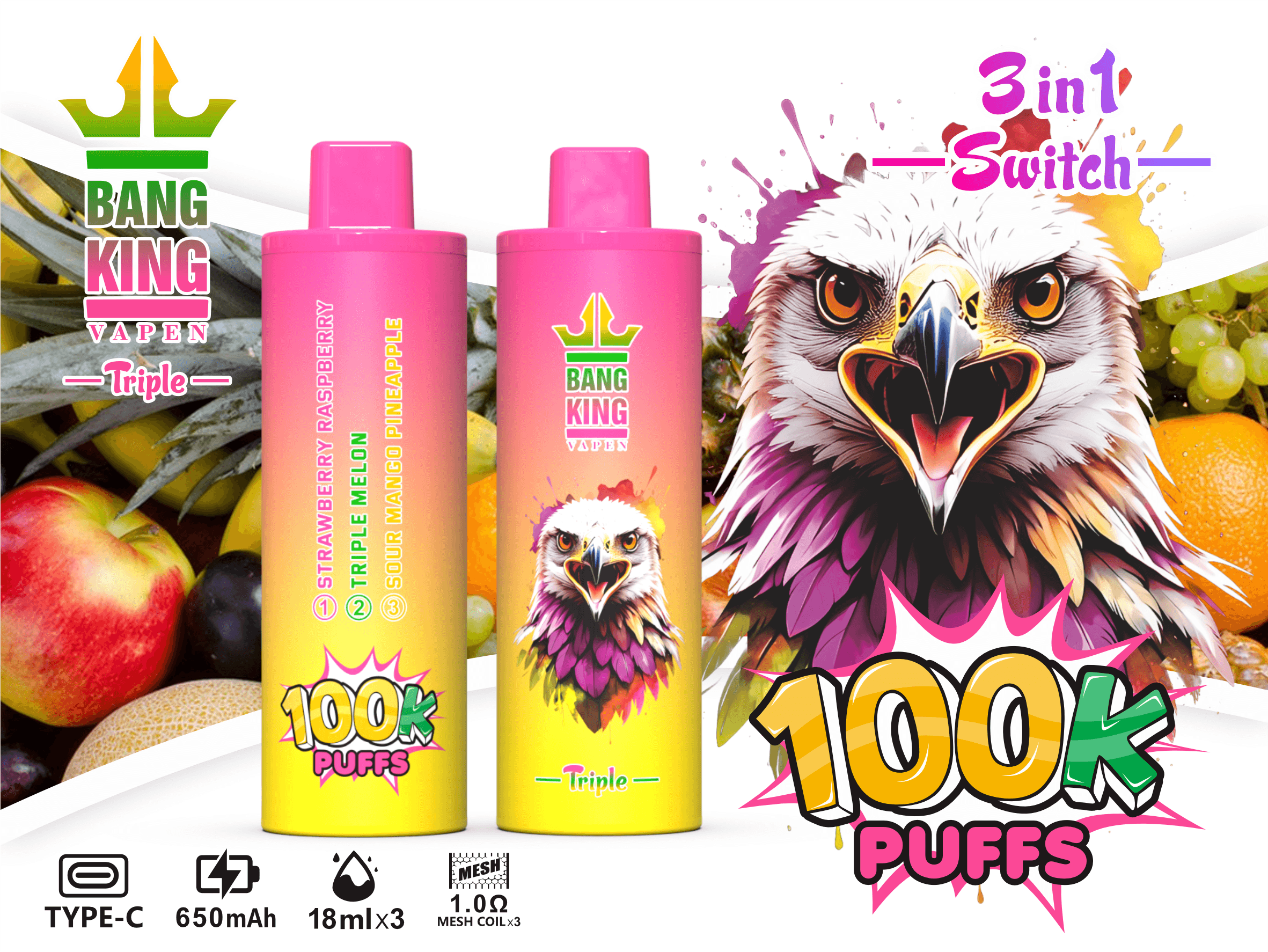 Bang King Triple 100000 Puffs Vape – 3 Oil Tanks Triple Flavor System Mesh Coil Type-C Recharge 3%or5% Nicotine オイルタンクトリプルフレーバーシステムメッシュコイル Type-C リチャージ 3% 5% ニコチン