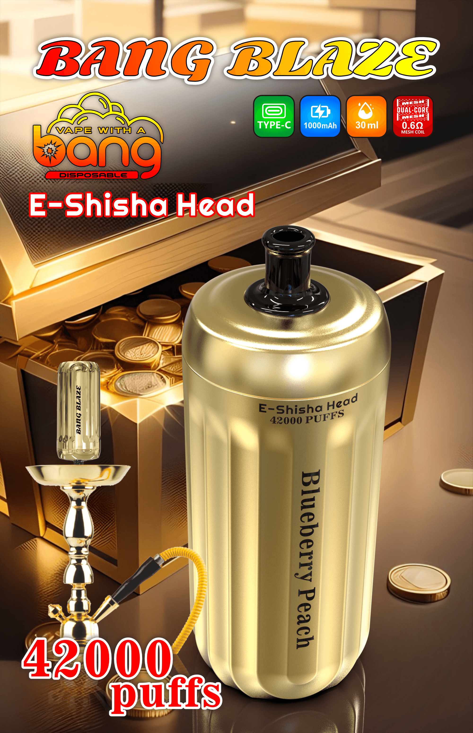 Bang Gold 42000 Puffs Disposable Vape – 850mAh Battery, 40mL E-Liquid, 0% to 5% Nicotine Options850mAhバッテリー、40mLリキッド、ニコチン0%~5％選択可能