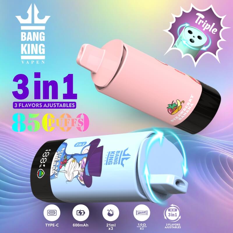 Bang King Triple 85000 Puffs Vape | 3-in-1 Flavor, 45ML E-liquid, Type-C Rechargeable, 3%or5% Nicotineベイプ | 3-in-1フレーバー、45ML Eリキッド、Type-C充電式、3%,5%ニコチン