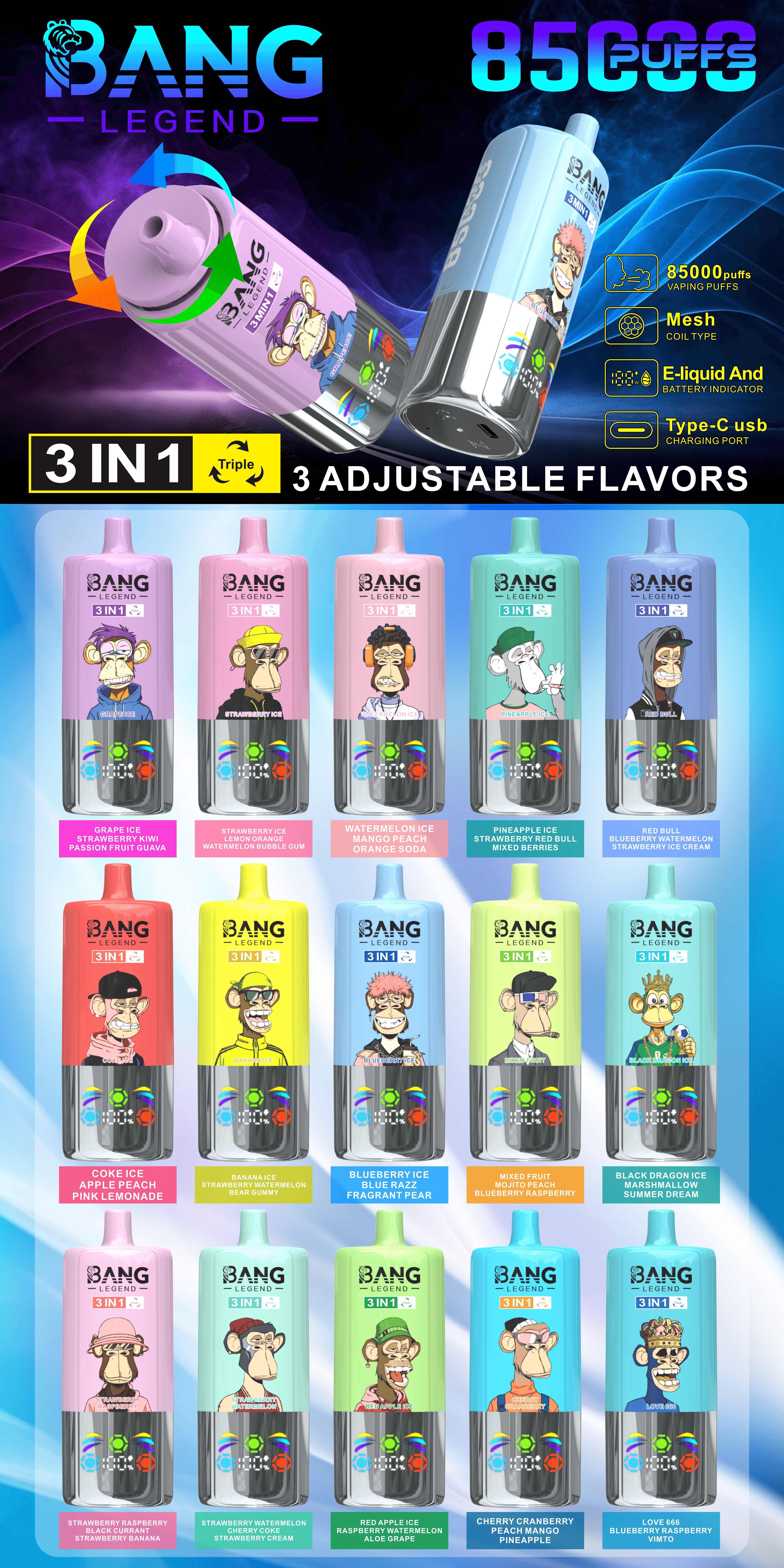 Bang Leader 85K Puffs Disposable Vape 3-in-1 Flavor Switch | Smart Display Monkey Design3種類フレーバー切替可能 使い捨てVAPE｜スマートディスプレイ付き モンキーデザイン