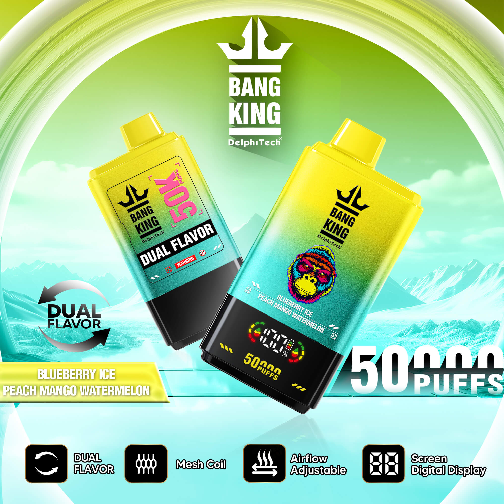 Bang King 50000 Puffs Disposable Vape – 850mAh Battery, 50mL E-Liquid, 0% to 5% Nicotine Options使い捨てベイプ – 850mAhバッテリー、50mL Eリキッド、3% 5%ニコチンオプション
