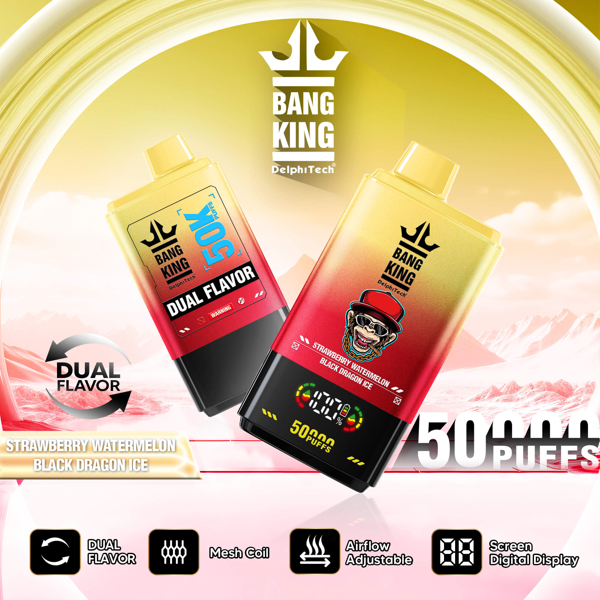 Bang King 50000 Puffs Disposable Vape – 850mAh Battery, 50mL E-Liquid, 0% to 5% Nicotine Options使い捨てベイプ – 850mAhバッテリー、50mL Eリキッド、3% 5%ニコチンオプション