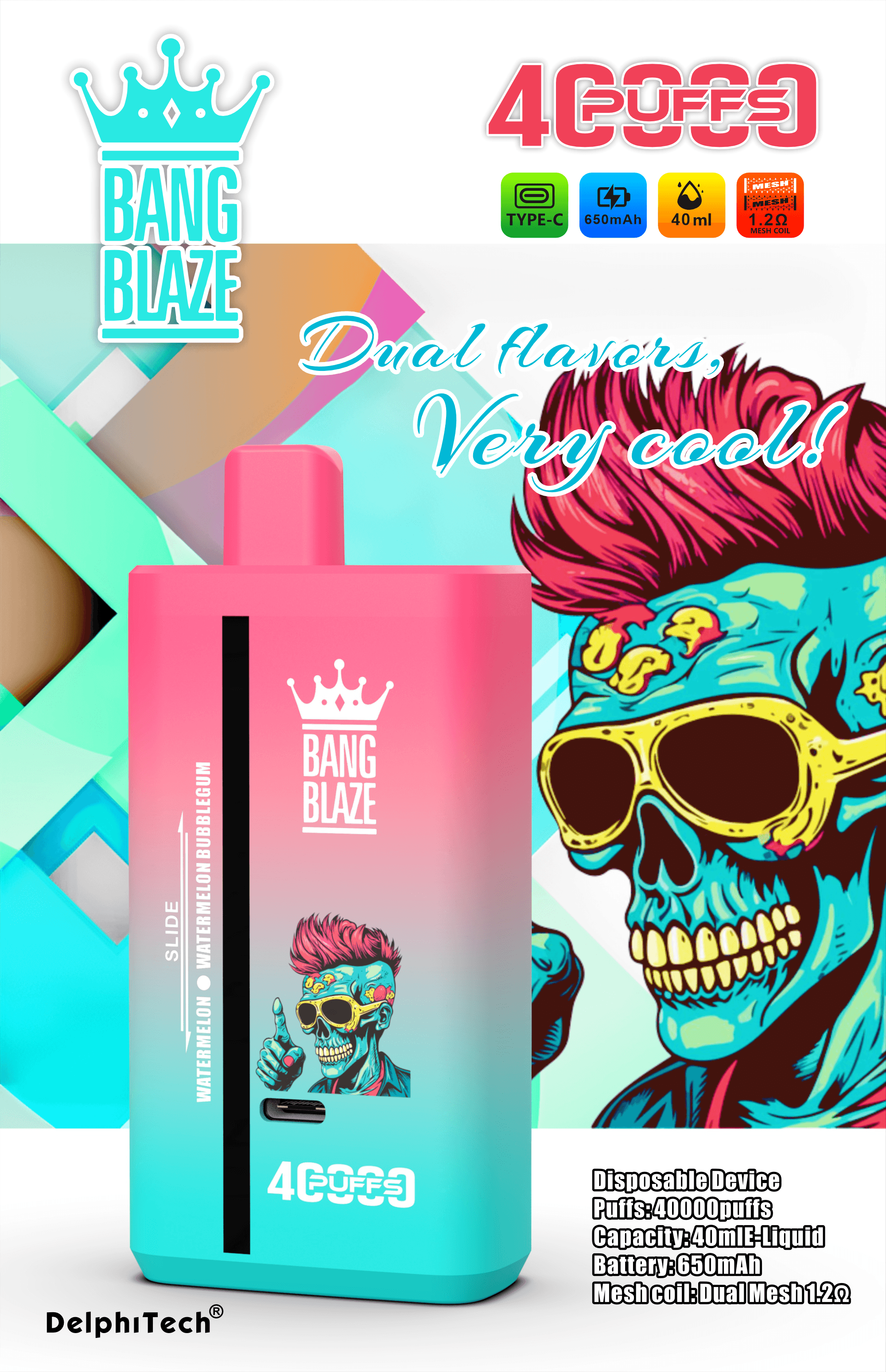 Bang Blaze 40000 Puffs Vape | 40ML Dual-Flavor E-liquid, 650mAh Battery, Type-C Recharge, 32 Flavor Combos40ml デュアルフレーバーEリキッド、650mAhバッテリー、Type-C充電、32種類のフレーバーコンボ
