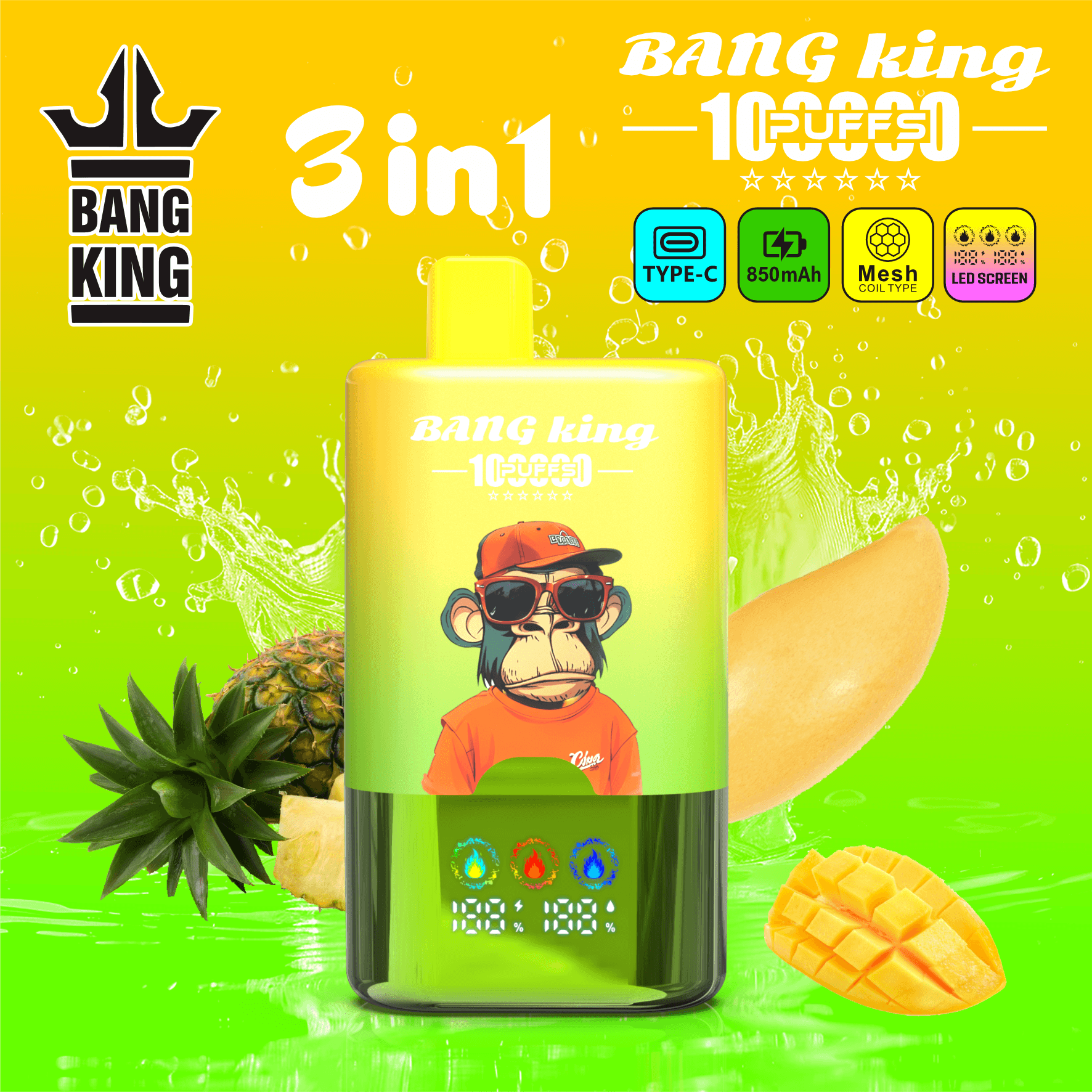 Bang King 100000 Puffs 3-in-1 Vape – LED Screen | 850mAh Rechargeable | Mesh Coil | Type-C Charging | 3%5% Nicotine3-in-1 Vape – LED スクリーン | 850mAh 充電式 | メッシュコイル | Type-C 充電 | 0-5% ニコチン