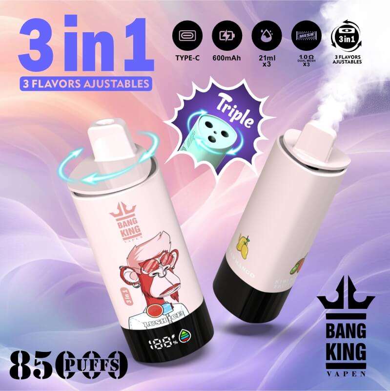 Bang King Triple 85000 Puffs Vape | 3-in-1 Flavor, 45ML E-liquid, Type-C Rechargeable, 3%or5% Nicotineベイプ | 3-in-1フレーバー、45ML Eリキッド、Type-C充電式、3%,5%ニコチン