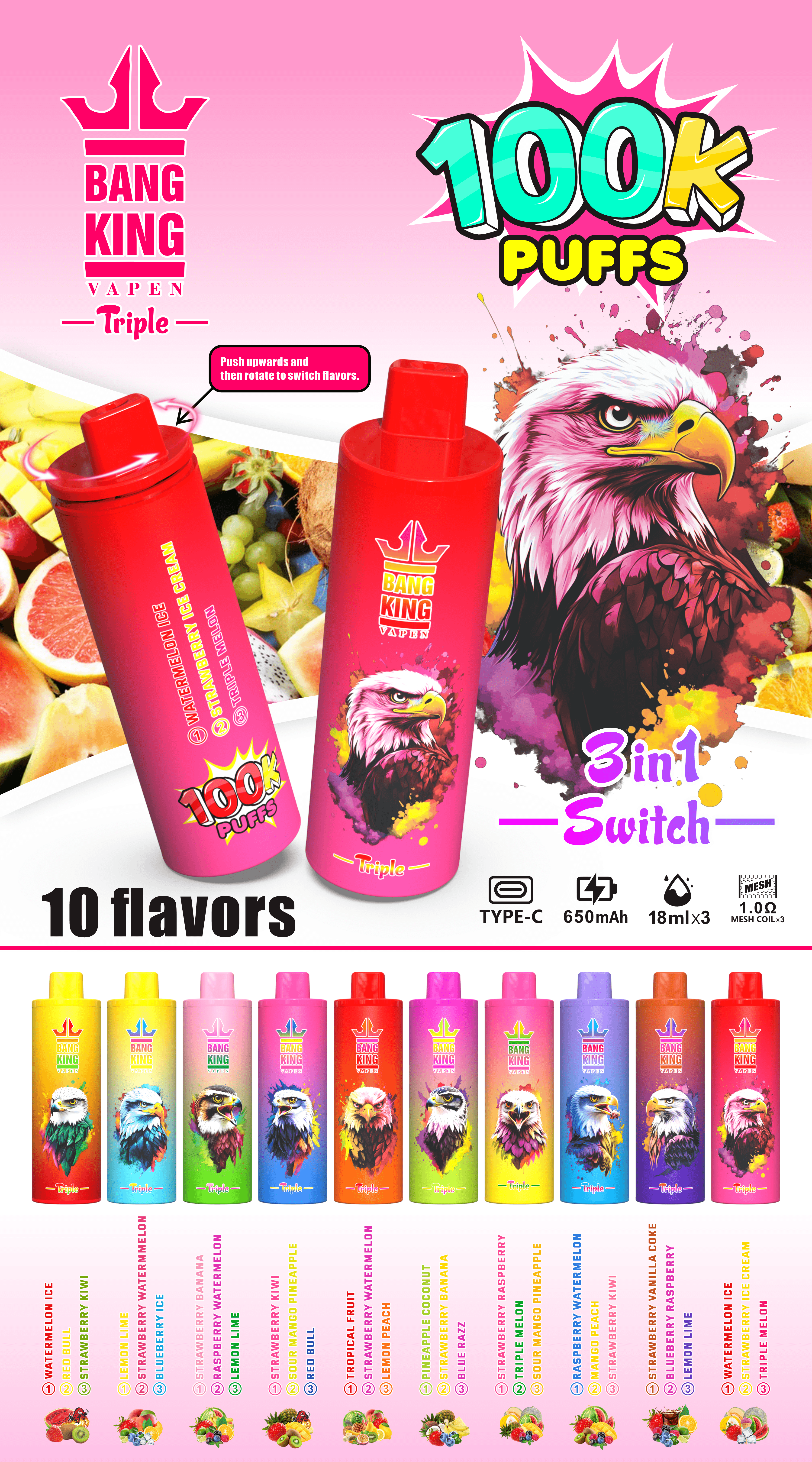 Bang King Triple 100000 Puffs Vape – 3 Oil Tanks Triple Flavor System Mesh Coil Type-C Recharge 3%or5% Nicotine オイルタンクトリプルフレーバーシステムメッシュコイル Type-C リチャージ 3% 5% ニコチン