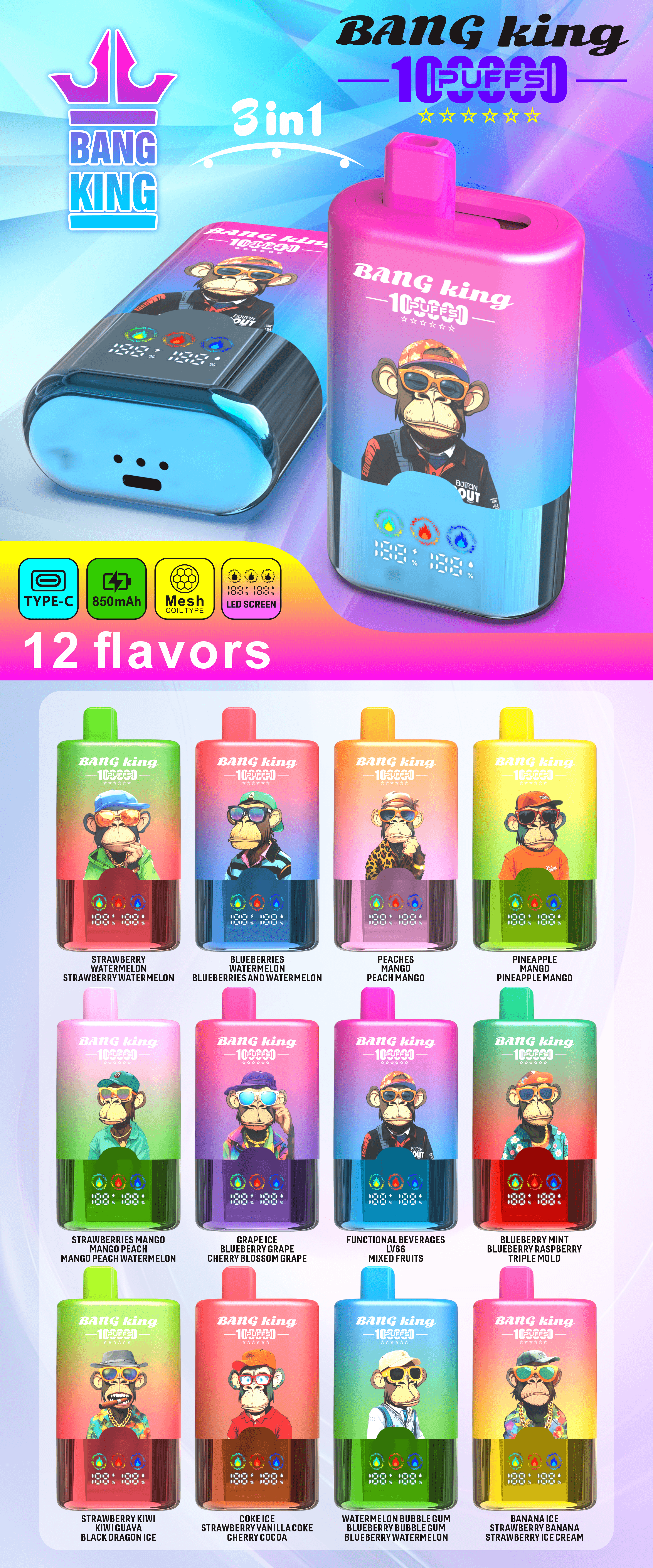 Bang King 100000 Puffs 3-in-1 Vape – LED Screen | 850mAh Rechargeable | Mesh Coil | Type-C Charging | 3%5% Nicotine3-in-1 Vape – LED スクリーン | 850mAh 充電式 | メッシュコイル | Type-C 充電 | 0-5% ニコチン