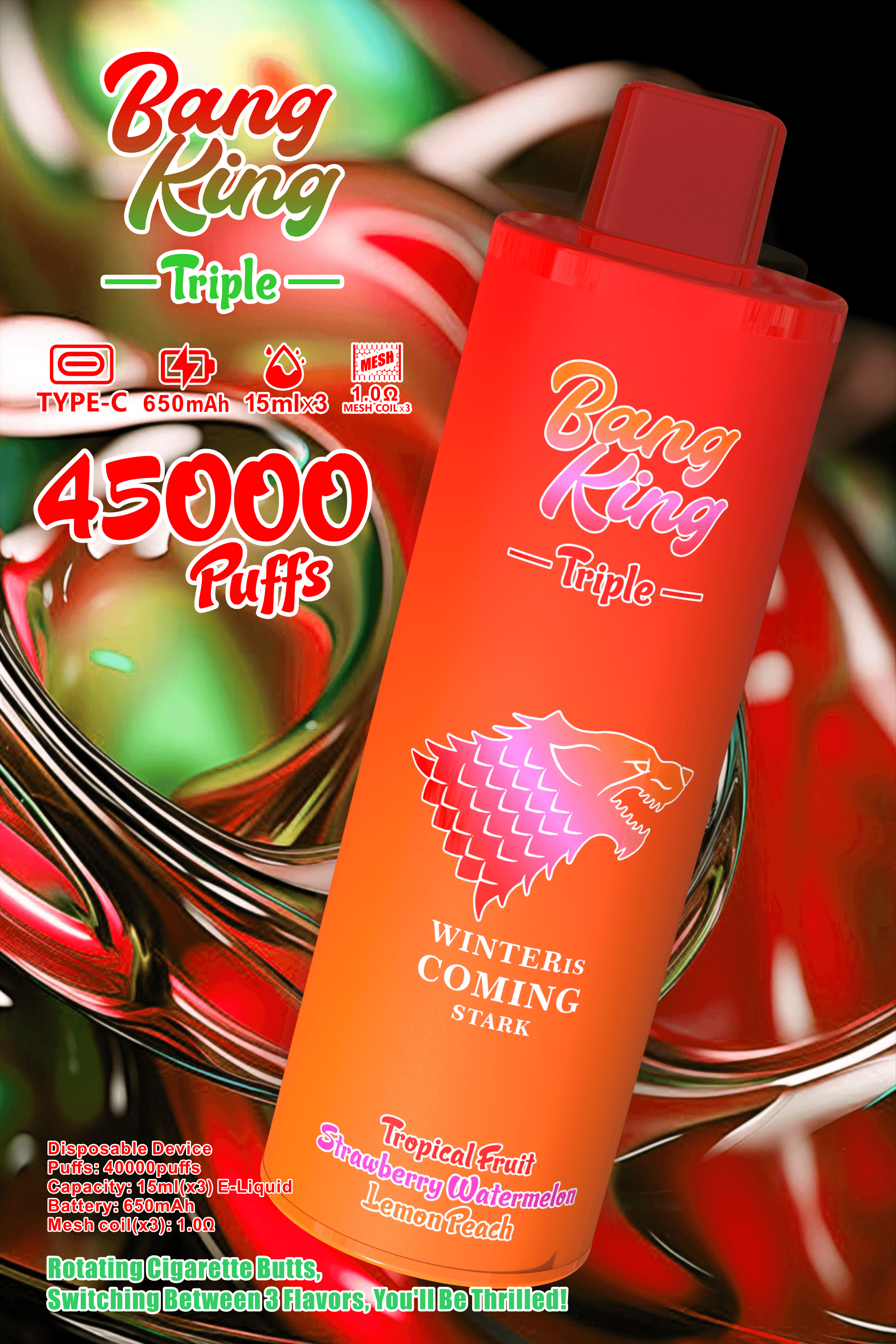 Bang King Triple 45000 Puffs Disposable Vape – Triple Pods (15mL×3), 650mAh Battery, 0%-5% Nicotine使い捨てベイプ – トリプルポッド (15mL×3)、650mAh バッテリー、0%-5% ニコチン