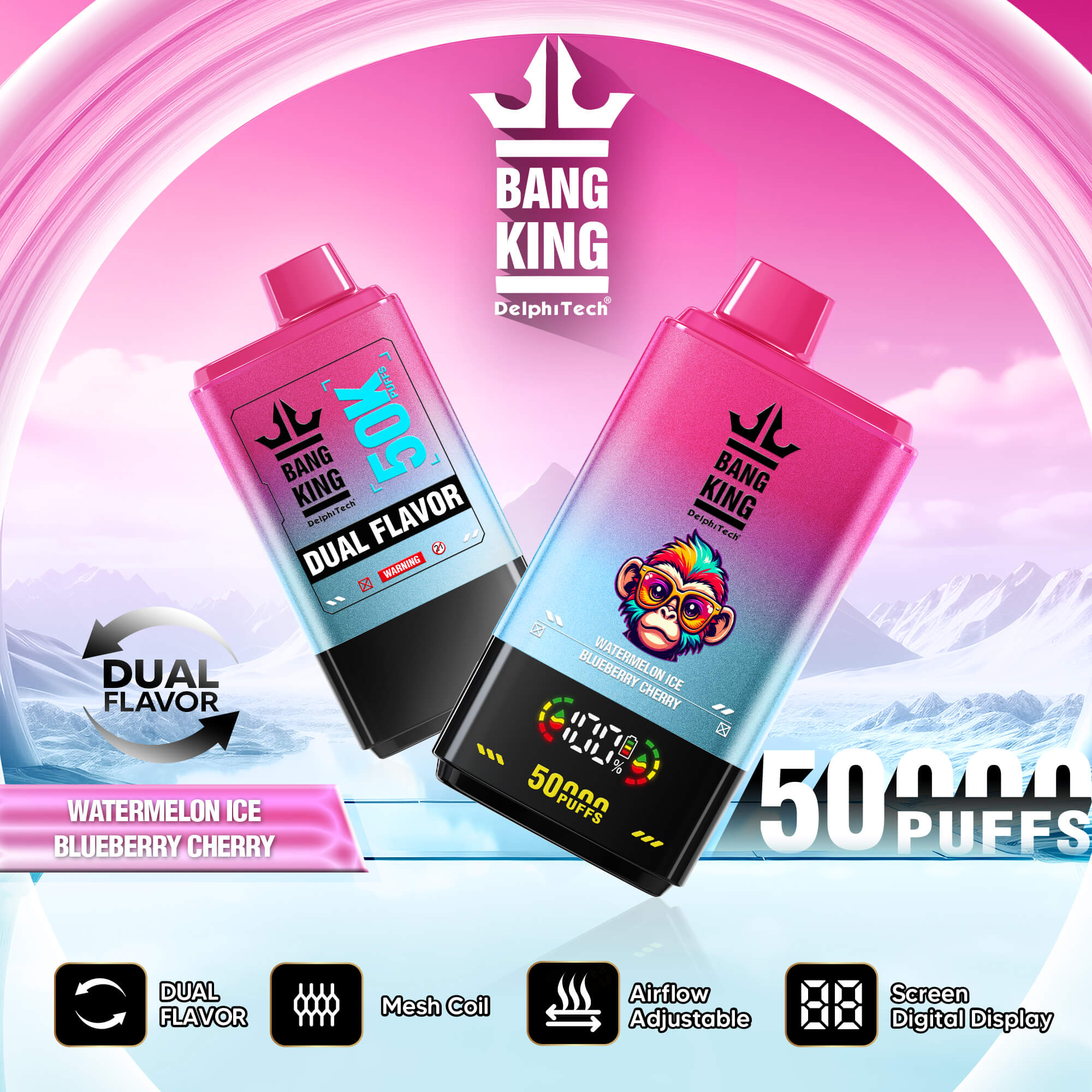 Bang King 50000 Puffs Disposable Vape – 850mAh Battery, 50mL E-Liquid, 0% to 5% Nicotine Options使い捨てベイプ – 850mAhバッテリー、50mL Eリキッド、3% 5%ニコチンオプション