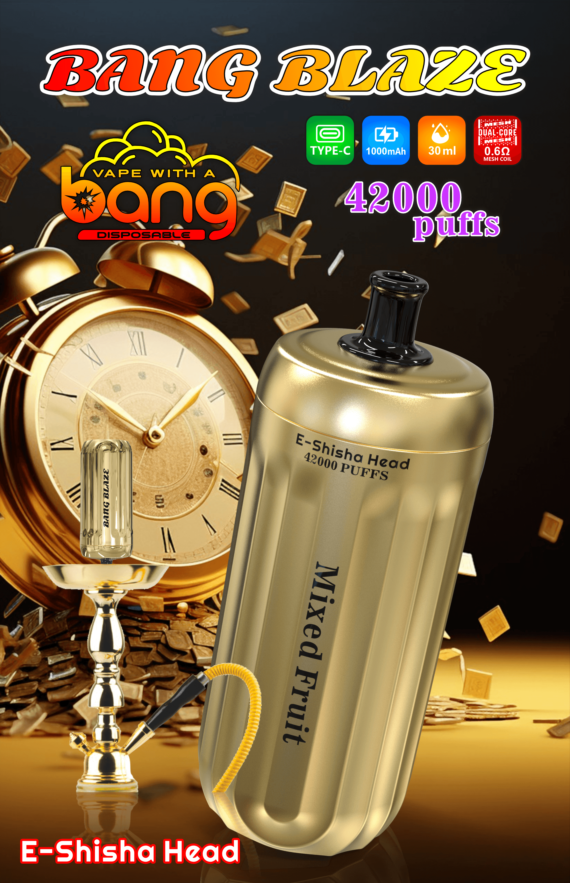 Bang Gold 42000 Puffs Disposable Vape – 850mAh Battery, 40mL E-Liquid, 0% to 5% Nicotine Options850mAhバッテリー、40mLリキッド、ニコチン0%~5％選択可能