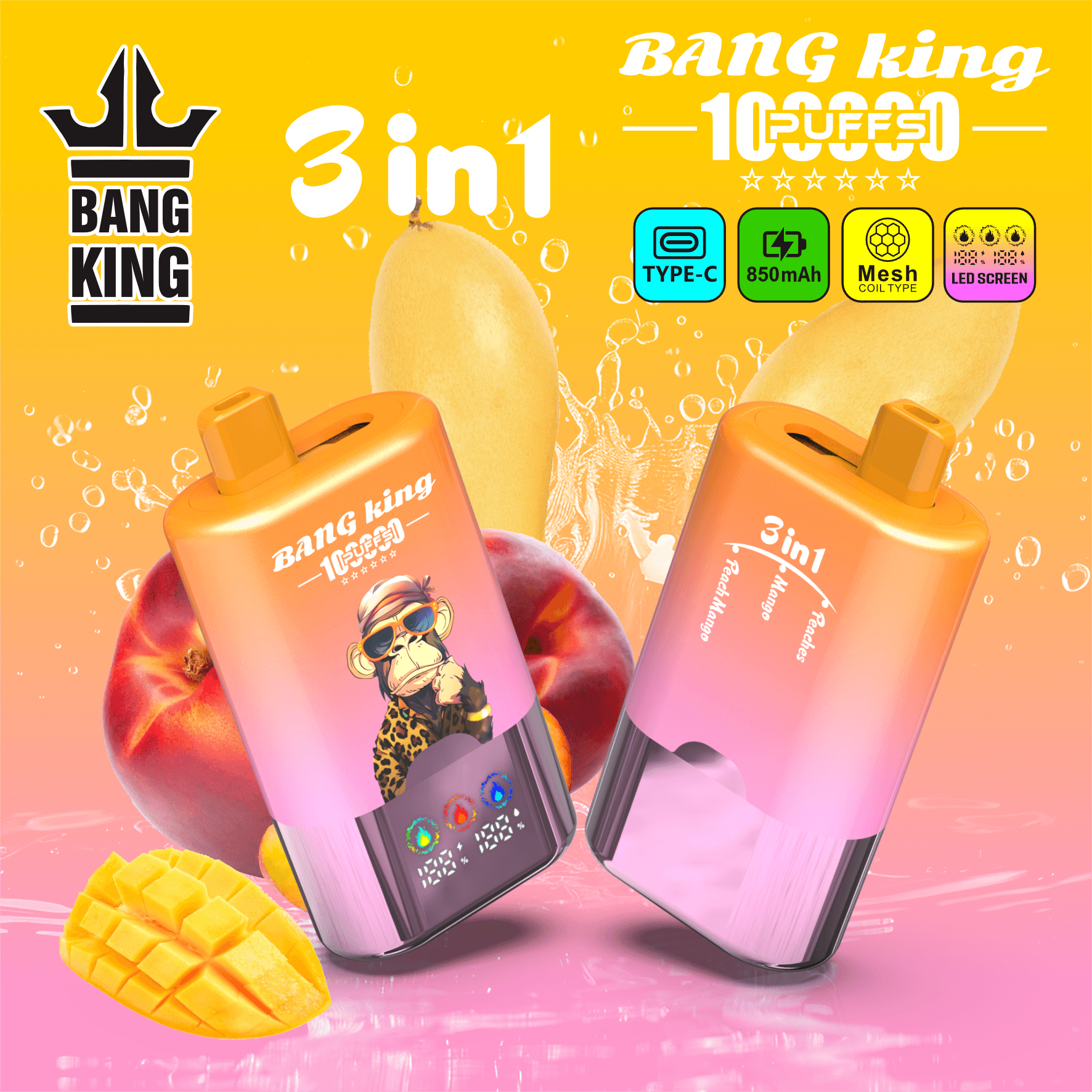 Bang King 100000 Puffs 3-in-1 Vape – LED Screen | 850mAh Rechargeable | Mesh Coil | Type-C Charging | 3%5% Nicotine3-in-1 Vape – LED スクリーン | 850mAh 充電式 | メッシュコイル | Type-C 充電 | 0-5% ニコチン