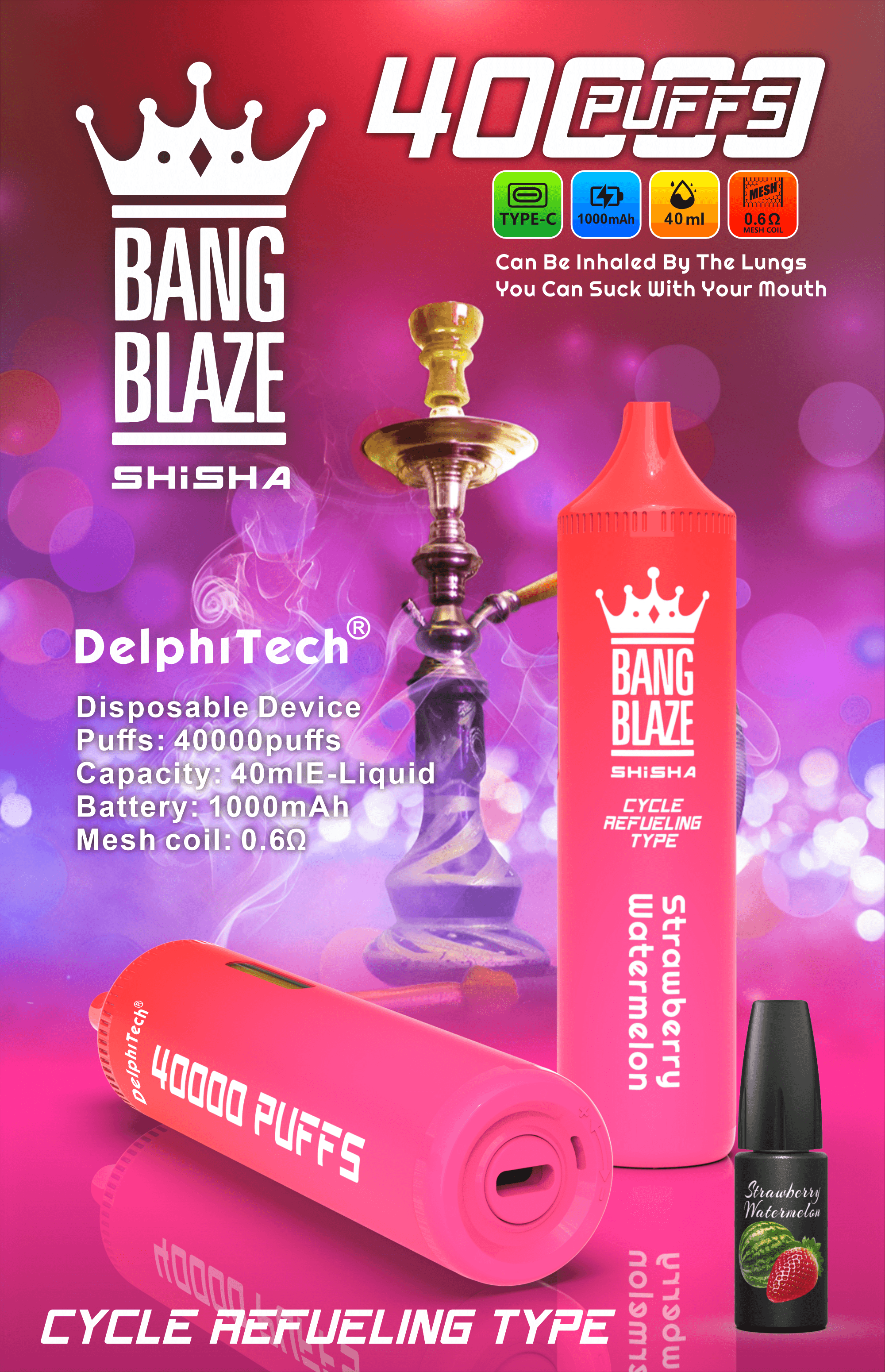 Bang Blaze 40000 Puffs Vape | 40ML Oil Capacity, 1000mAh Battery, Dual Coil, Type-C Rechargeable, 12 Flavorsオイル容量40ml、1000mAhバッテリー、デュアルコイル、Type-C充電式、12種類のフレーバ