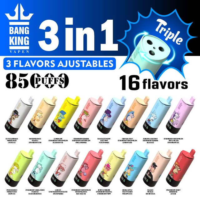 Bang King Triple 85000 Puffs Vape | 3-in-1 Flavor, 45ML E-liquid, Type-C Rechargeable, 3%or5% Nicotineベイプ | 3-in-1フレーバー、45ML Eリキッド、Type-C充電式、3%,5%ニコチン