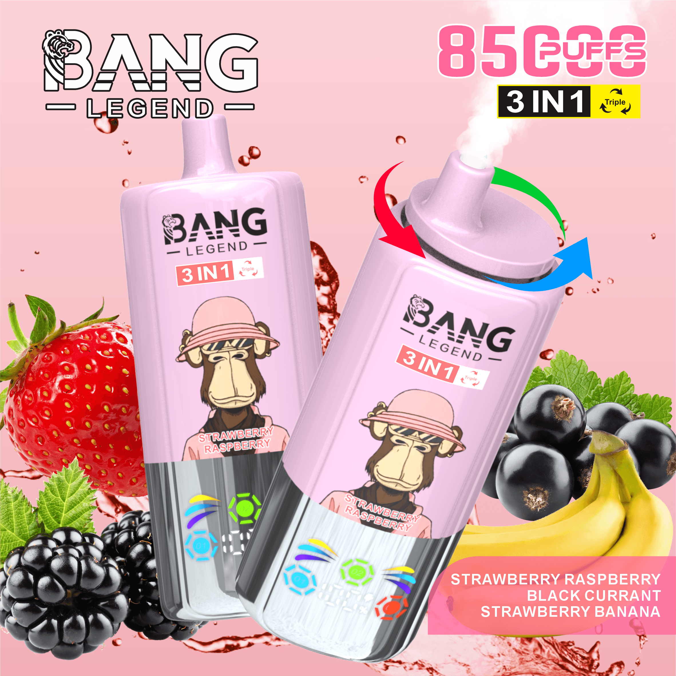 Bang Leader 85K Puffs Disposable Vape 3-in-1 Flavor Switch | Smart Display Monkey Design3種類フレーバー切替可能 使い捨てVAPE｜スマートディスプレイ付き モンキーデザイン