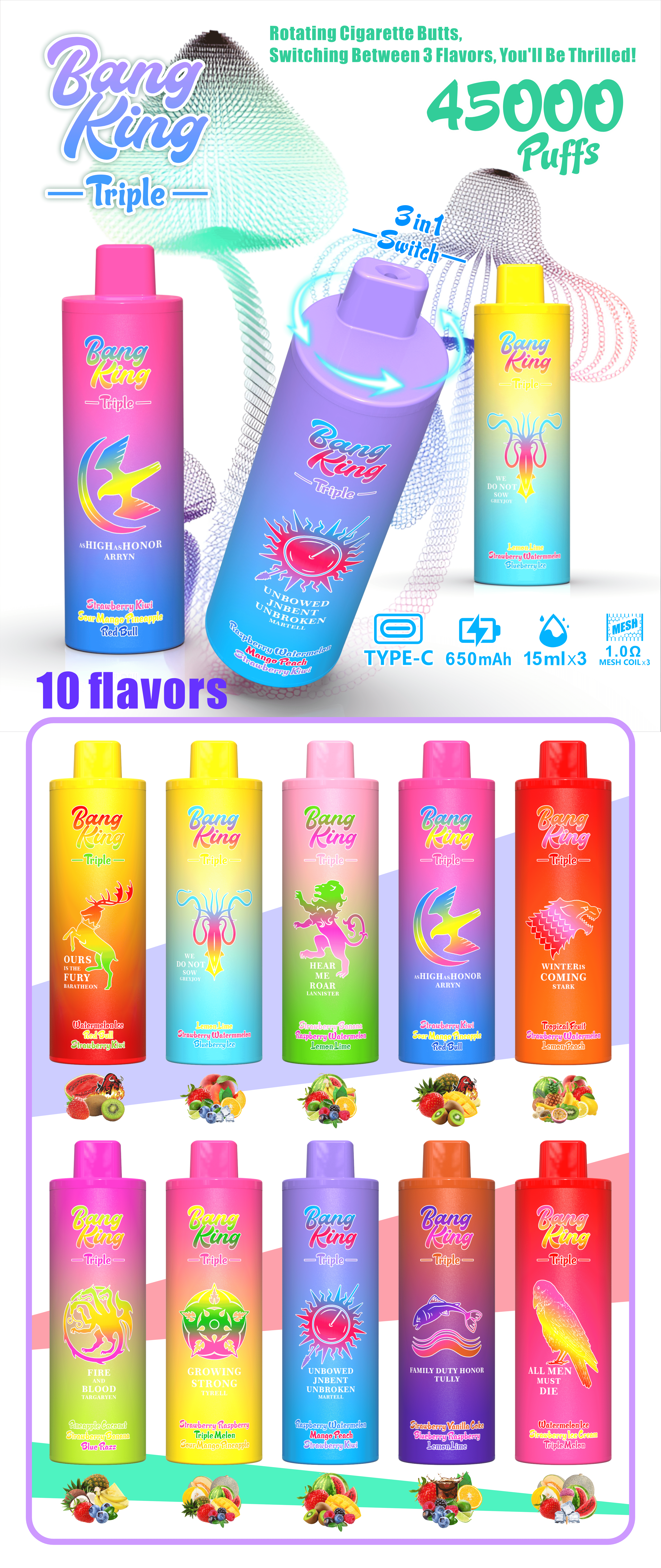 Bang King Triple 45000 Puffs Disposable Vape – Triple Pods (15mL×3), 650mAh Battery, 0%-5% Nicotine使い捨てベイプ – トリプルポッド (15mL×3)、650mAh バッテリー、0%-5% ニコチン