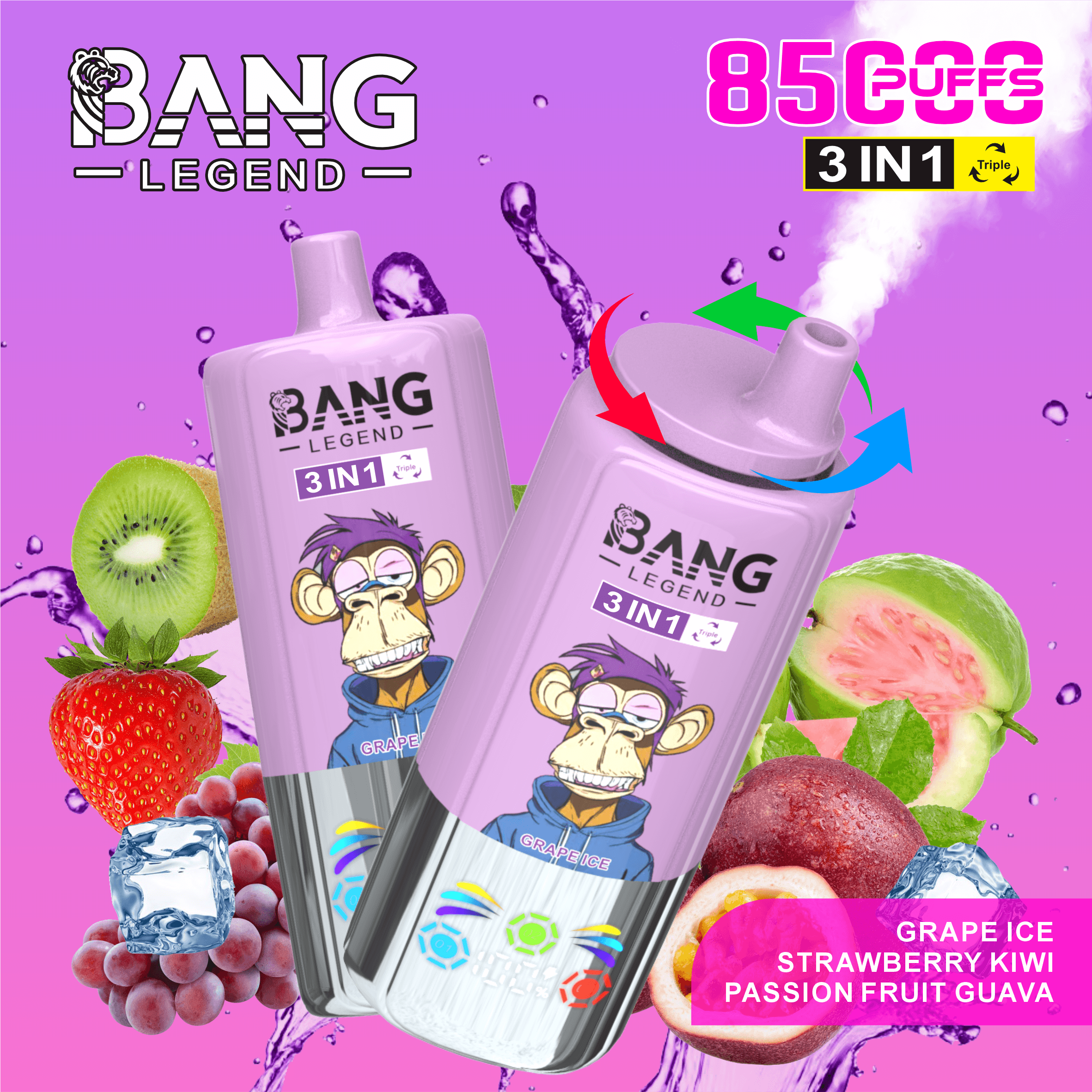 Bang Leader 85K Puffs Disposable Vape 3-in-1 Flavor Switch | Smart Display Monkey Design3種類フレーバー切替可能 使い捨てVAPE｜スマートディスプレイ付き モンキーデザイン