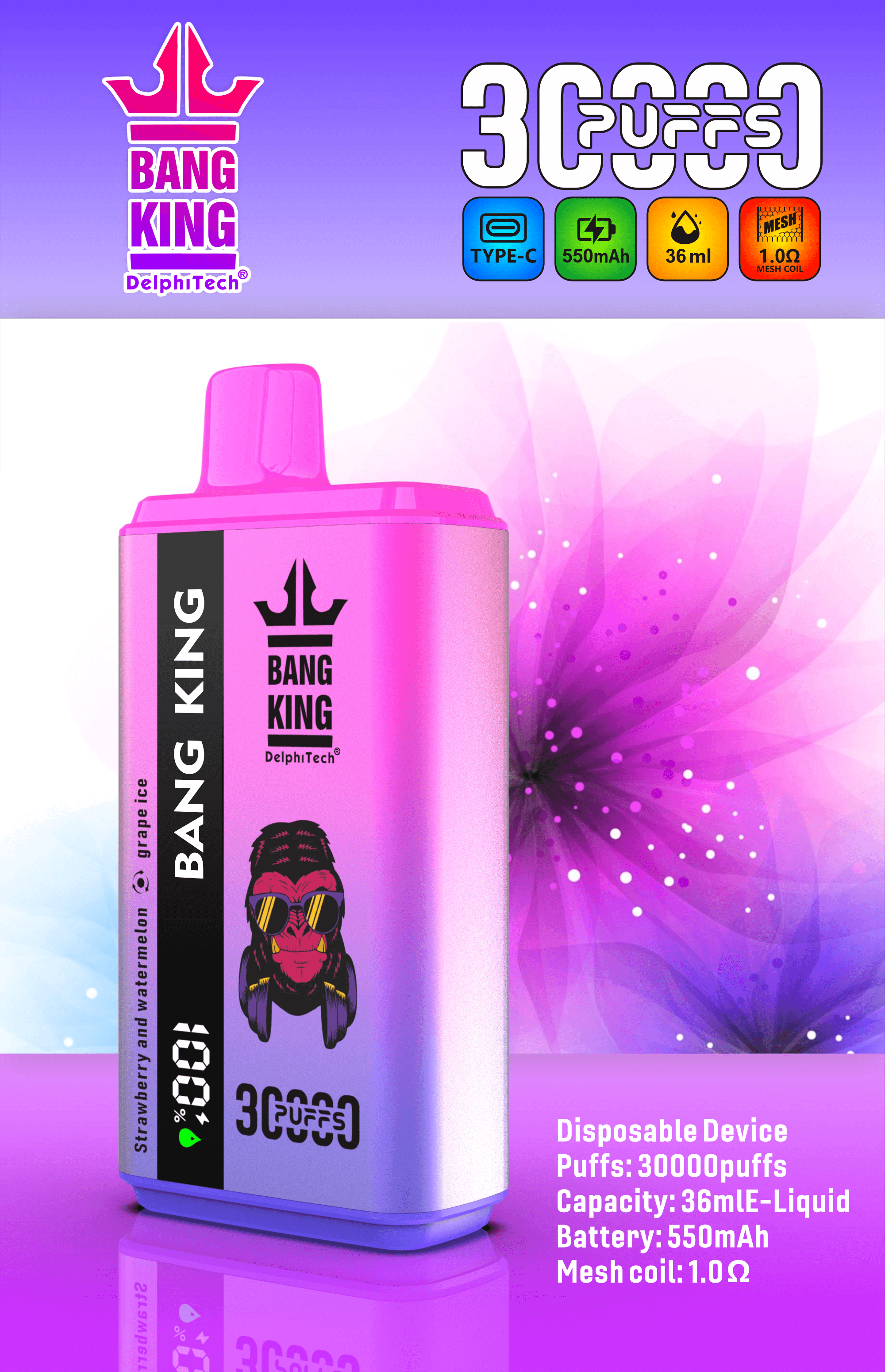 Bang King 30K Vape Dual Flavor 30000 Puffs Vape Smart Screen デュアルフレーバー使い捨て電子タバコ（最大30,000回吸引）スマートディスプレイ搭載