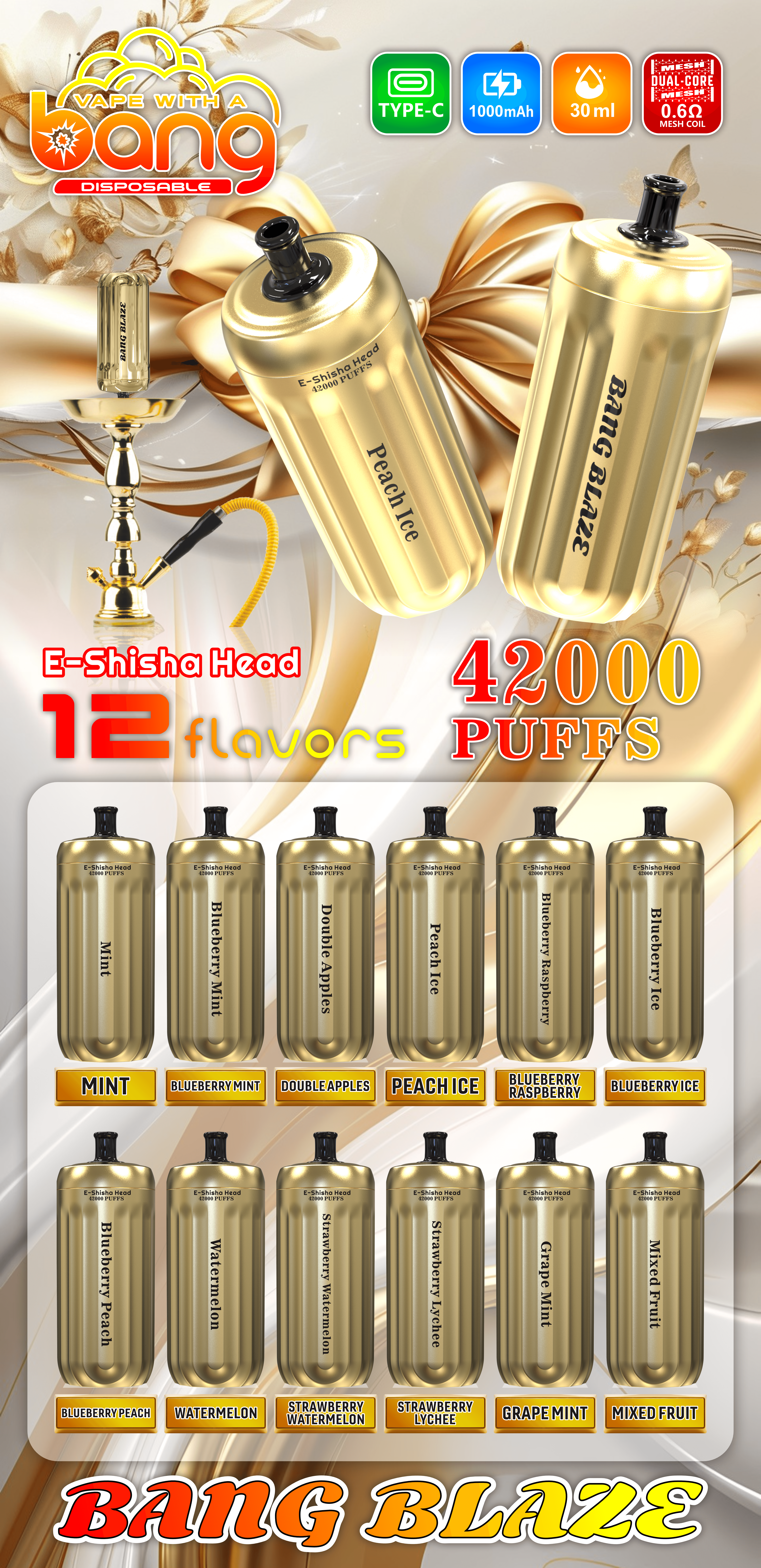 Bang Gold 42000 Puffs Disposable Vape – 850mAh Battery, 40mL E-Liquid, 0% to 5% Nicotine Options850mAhバッテリー、40mLリキッド、ニコチン0%~5％選択可能