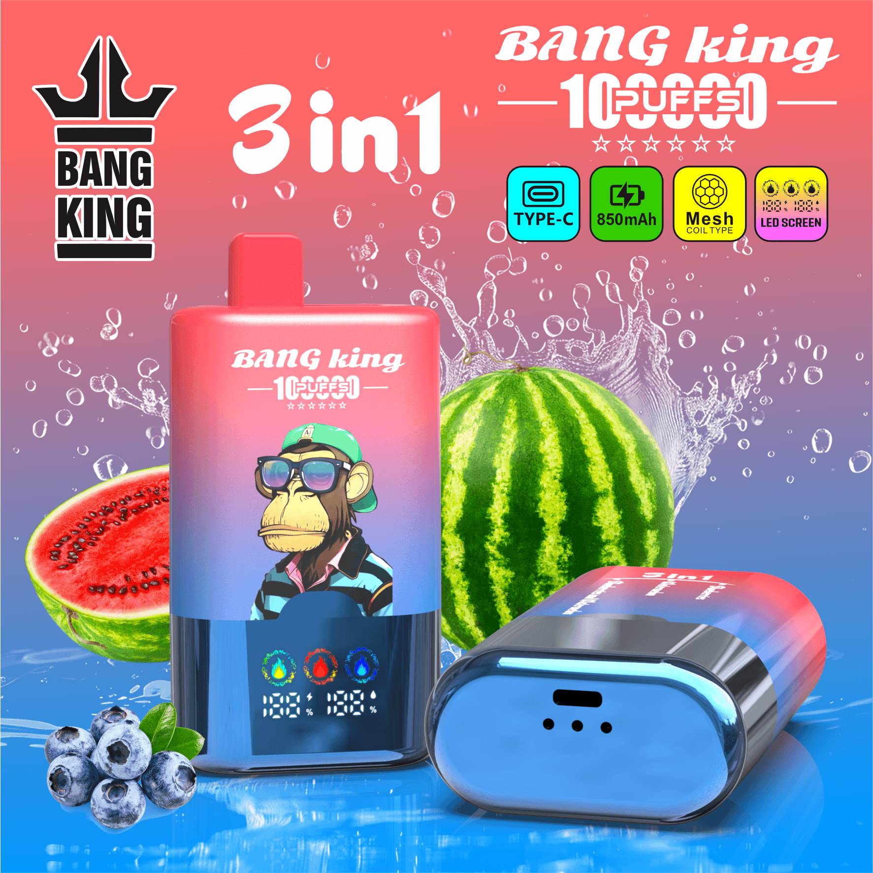 Bang King 100000 Puffs 3-in-1 Vape – LED Screen | 850mAh Rechargeable | Mesh Coil | Type-C Charging | 3%5% Nicotine3-in-1 Vape – LED スクリーン | 850mAh 充電式 | メッシュコイル | Type-C 充電 | 0-5% ニコチン