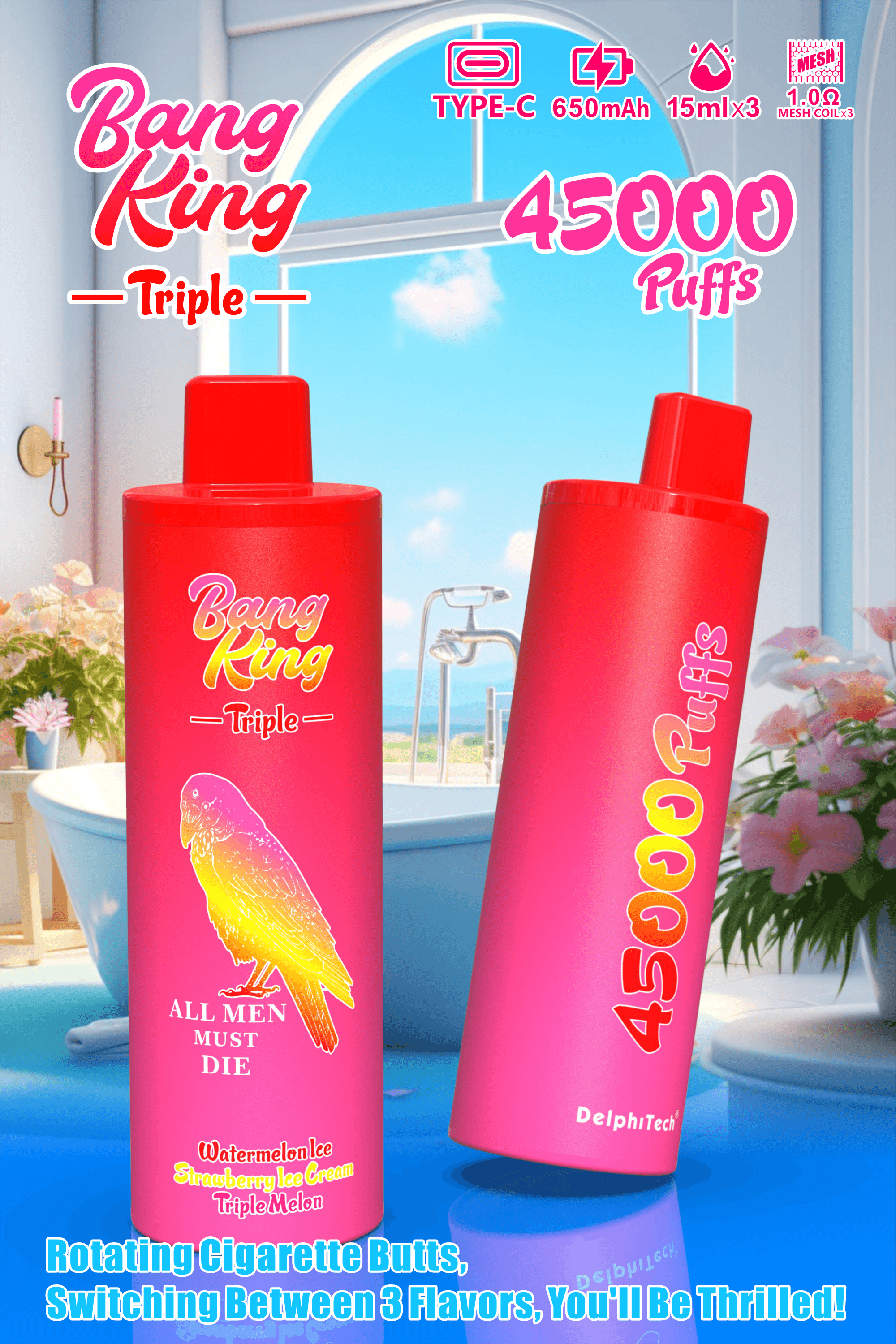 Bang King Triple 45000 Puffs Disposable Vape – Triple Pods (15mL×3), 650mAh Battery, 0%-5% Nicotine使い捨てベイプ – トリプルポッド (15mL×3)、650mAh バッテリー、0%-5% ニコチン
