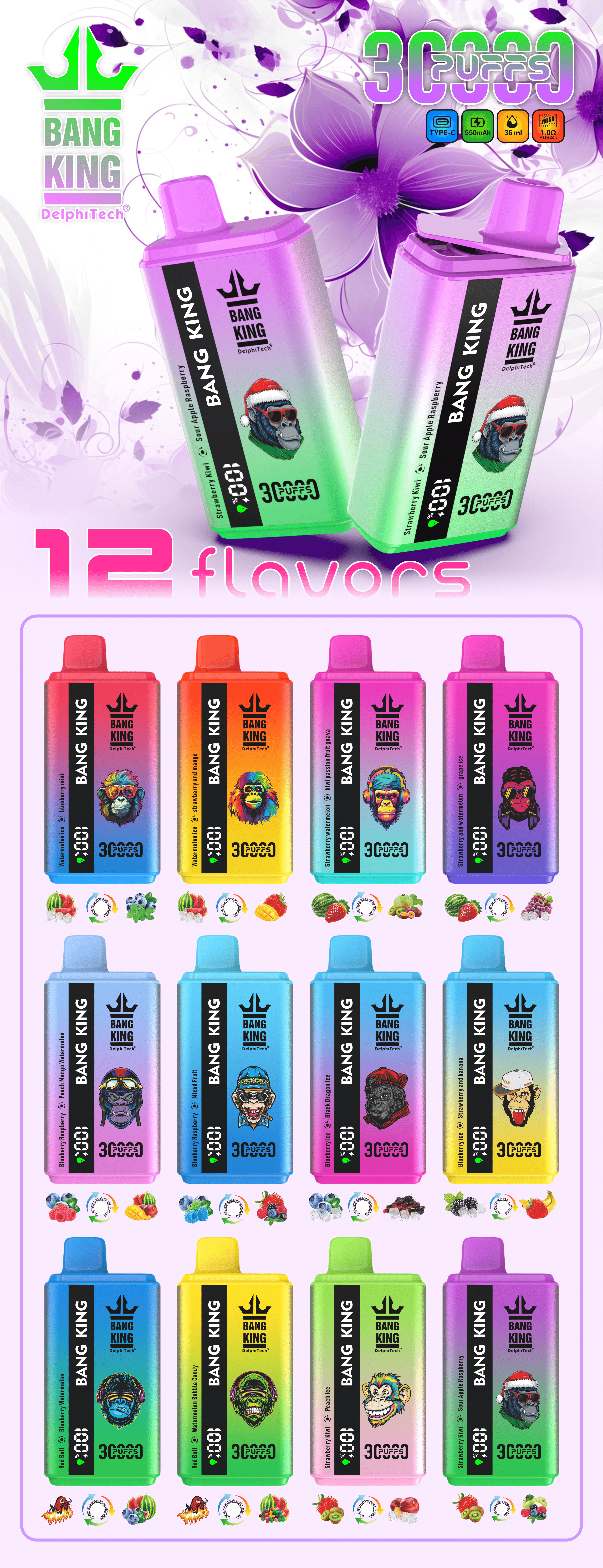 Bang King 30K Vape Dual Flavor 30000 Puffs Vape Smart Screen デュアルフレーバー使い捨て電子タバコ（最大30,000回吸引）スマートディスプレイ搭載