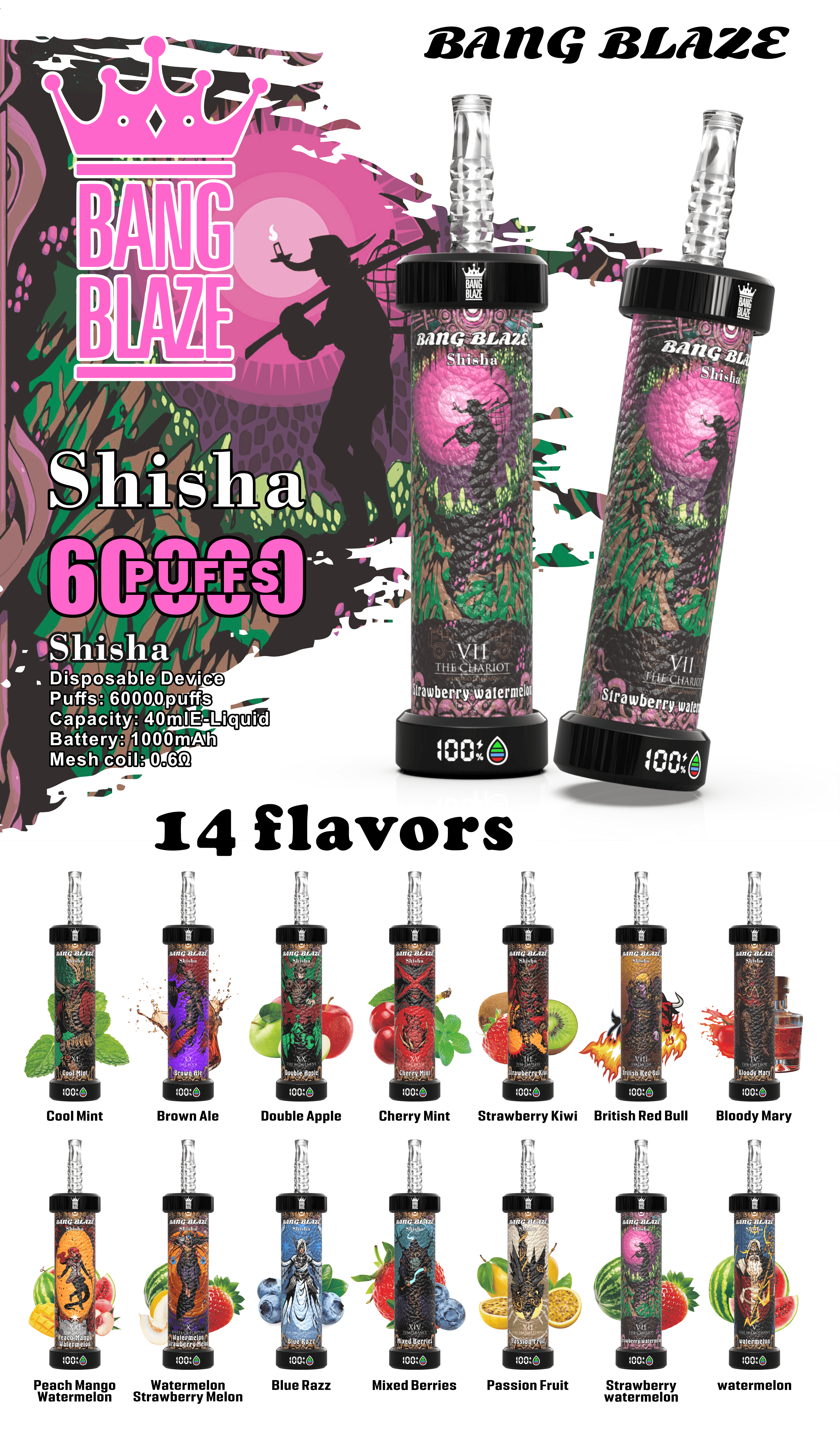 Bang Blaze 60000 Puffs Vape | 1000mAh Battery, 40ML E-liquid, Dual Coil, 14 Premium Flavors1000mAhバッテリー、40ML Eリキッド、デュアルコイル、プレミアムフレーバー14種類