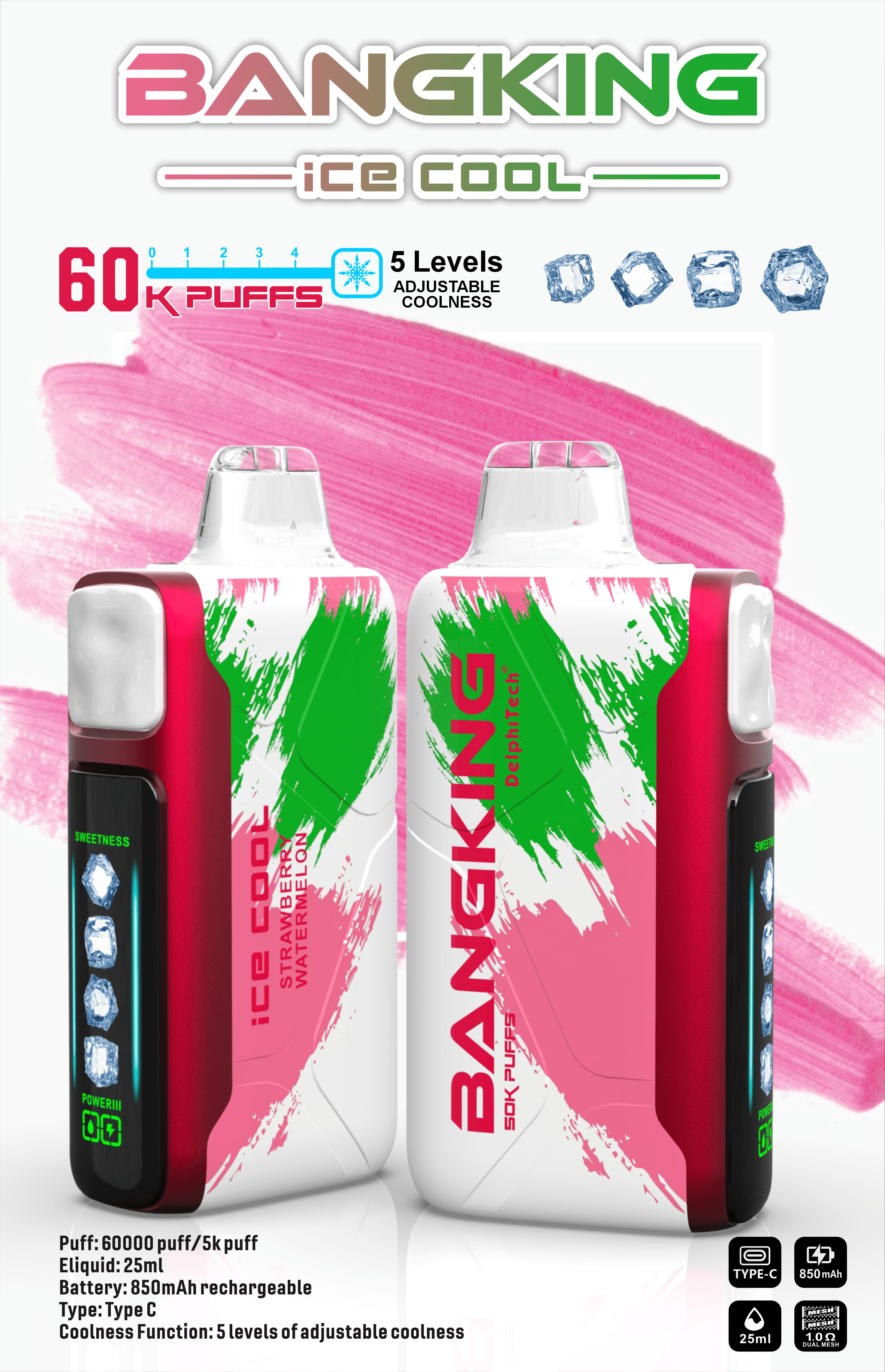 Bang King Ice Cool 60000 Puffs Vape – 5-Level Adjustable Coolness, Mesh Coil, Long-Lasting Performance5 段階で調整可能な冷たさ、メッシュコイル、長期にわたるパフォーマンス