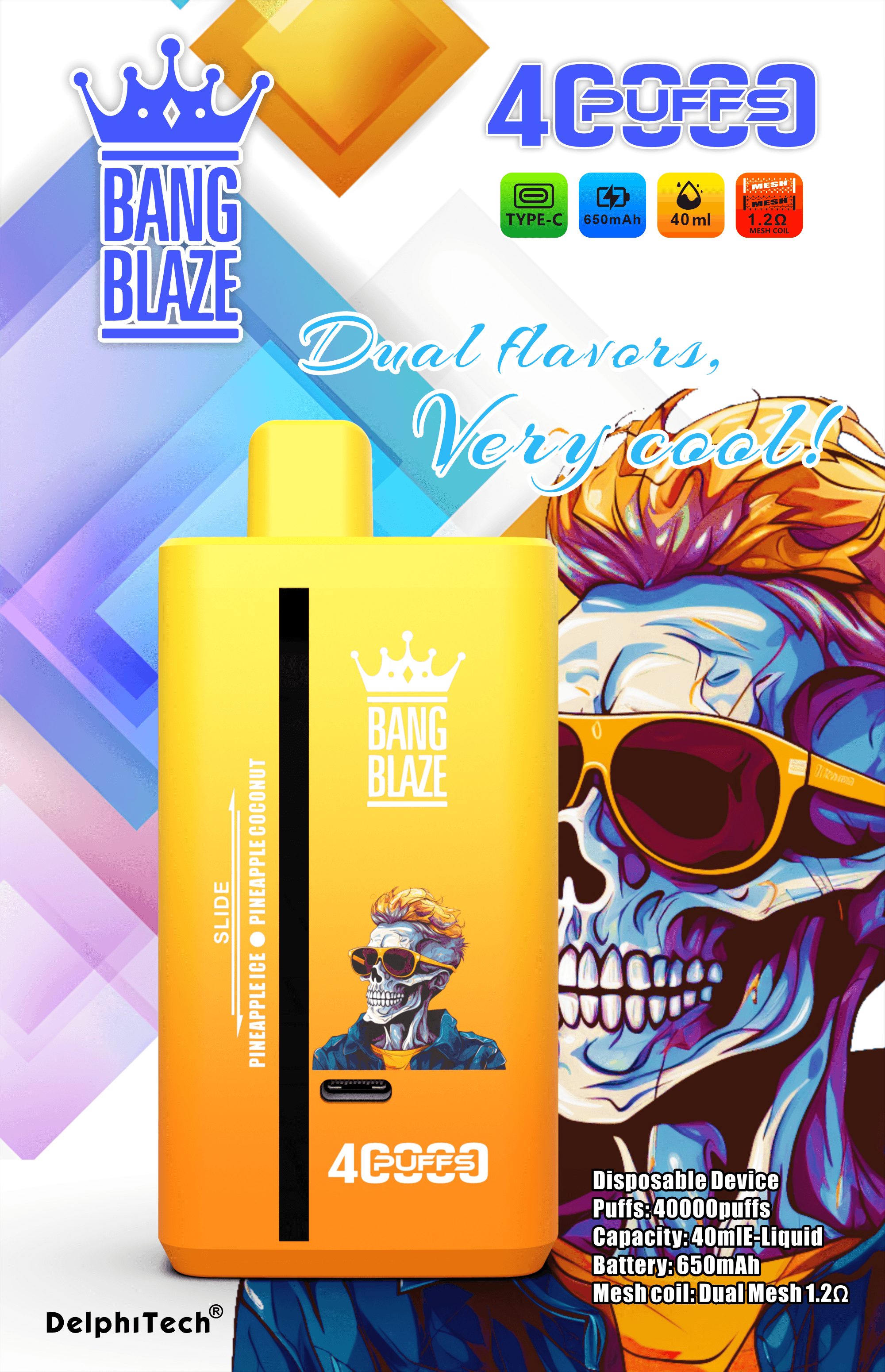 Bang Blaze 40000 Puffs Vape | 40ML Dual-Flavor E-liquid, 650mAh Battery, Type-C Recharge, 32 Flavor Combos40ml デュアルフレーバーEリキッド、650mAhバッテリー、Type-C充電、32種類のフレーバーコンボ