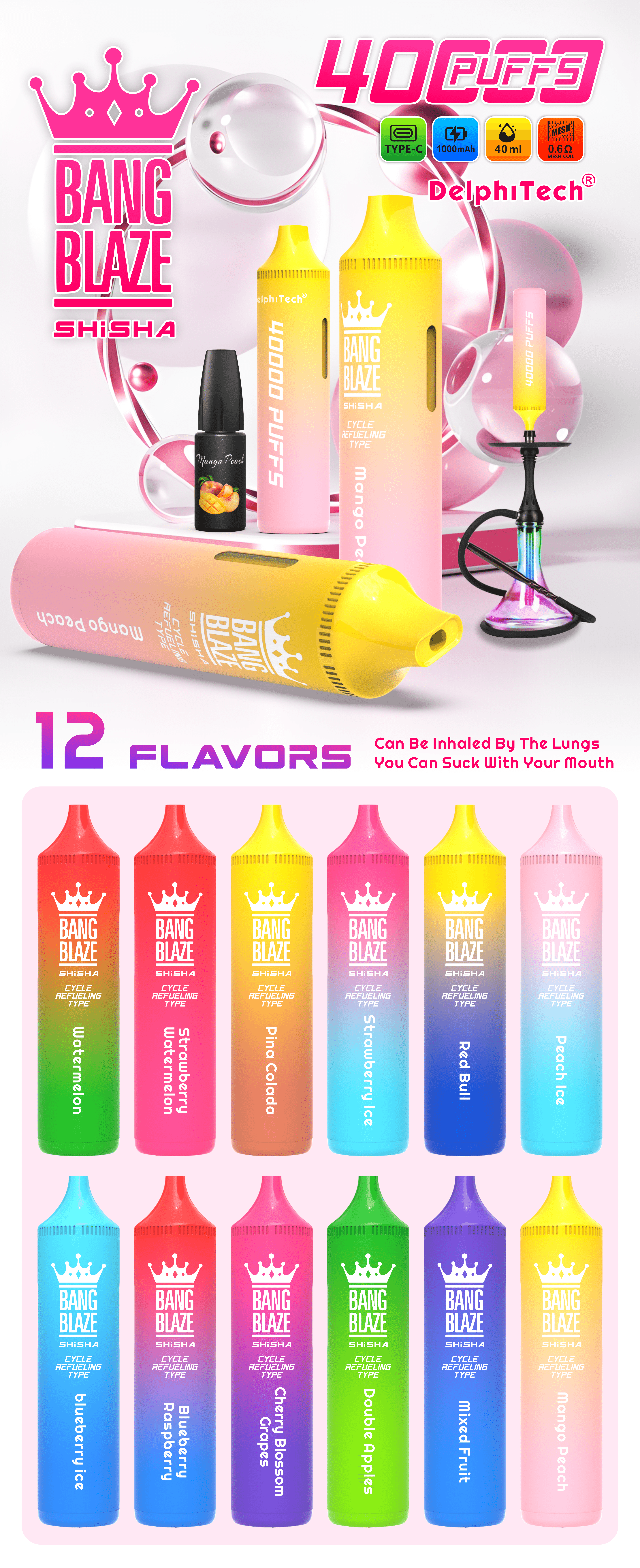 Bang Blaze 40000 Puffs Vape | 40ML Oil Capacity, 1000mAh Battery, Dual Coil, Type-C Rechargeable, 12 Flavorsオイル容量40ml、1000mAhバッテリー、デュアルコイル、Type-C充電式、12種類のフレーバ