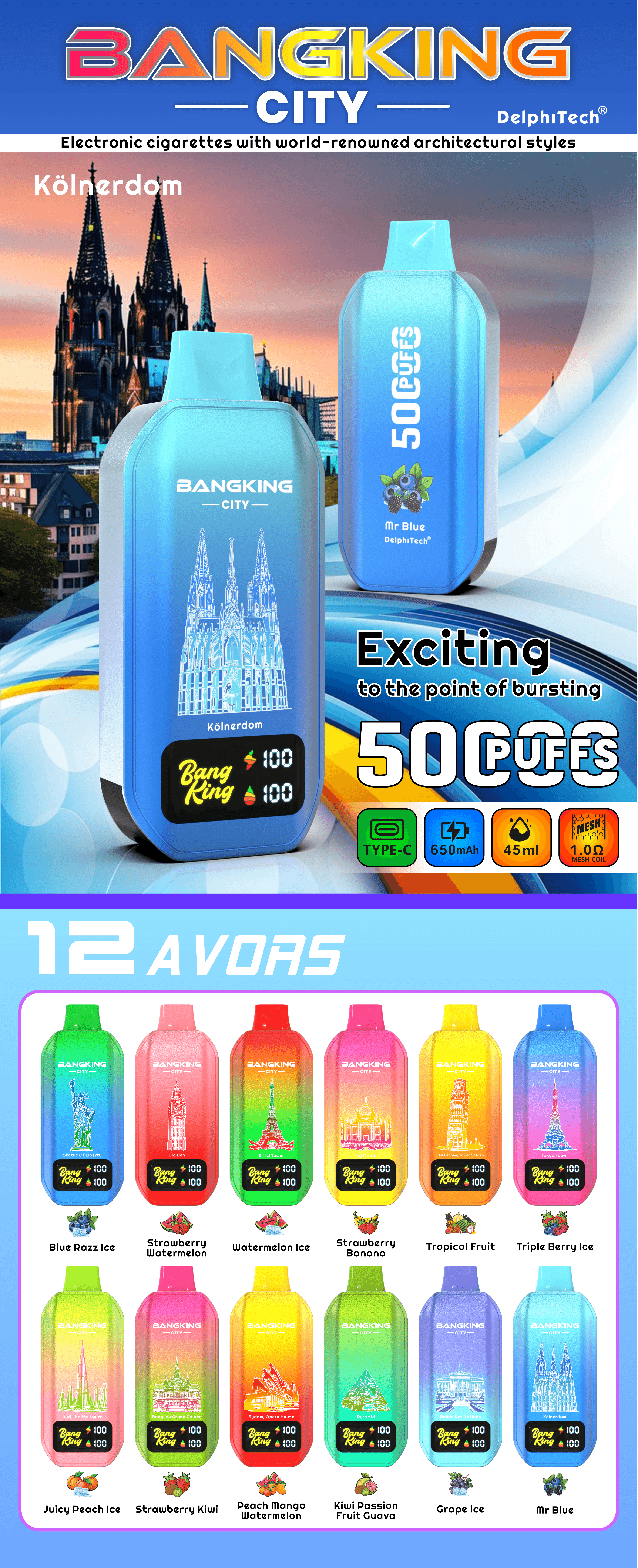 Bang King City 50K 50000 Puffs Vape-BK5-CT 50000パフ世界名著モデル