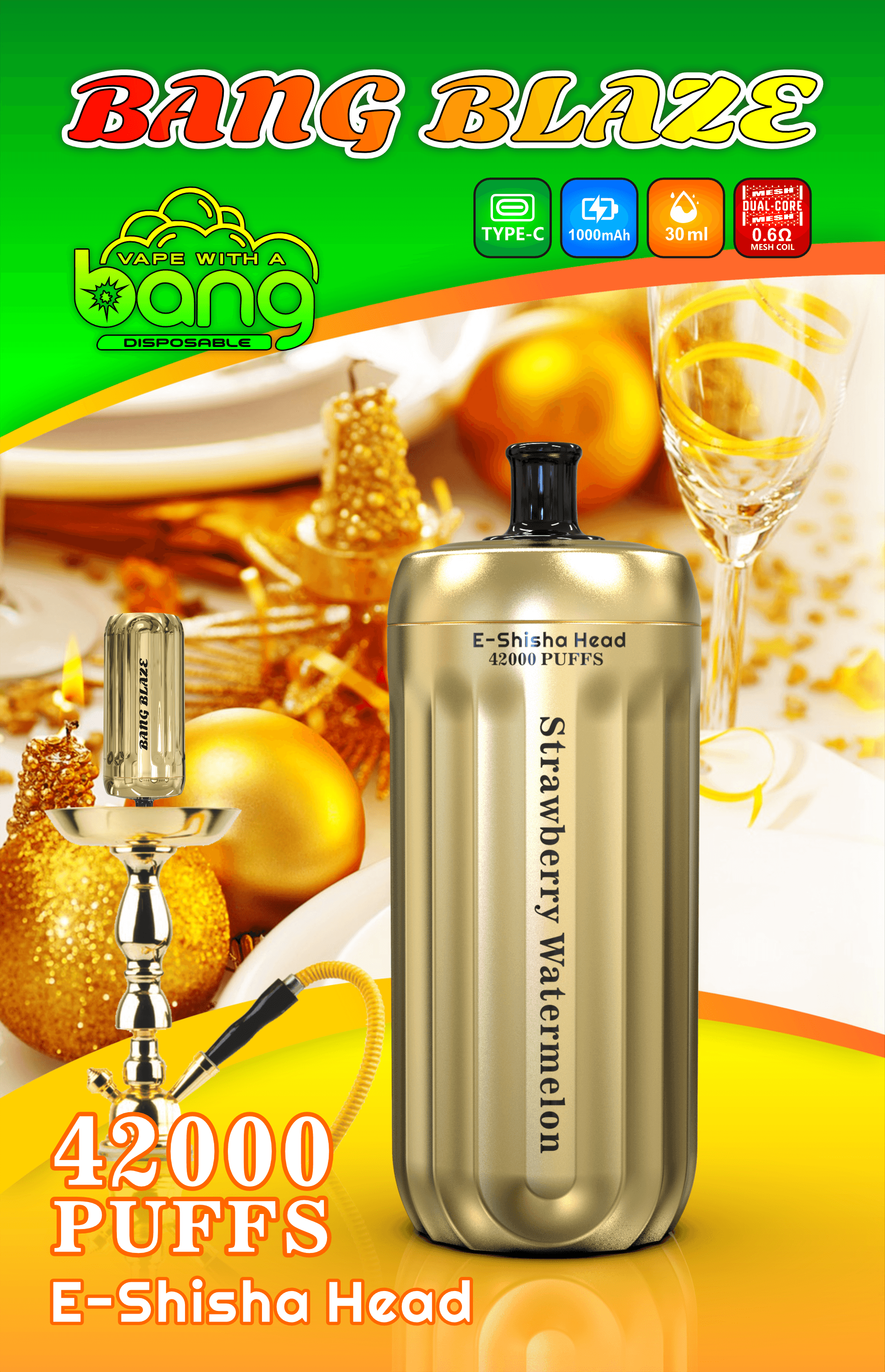 Bang Gold 42000 Puffs Disposable Vape – 850mAh Battery, 40mL E-Liquid, 0% to 5% Nicotine Options850mAhバッテリー、40mLリキッド、ニコチン0%~5％選択可能