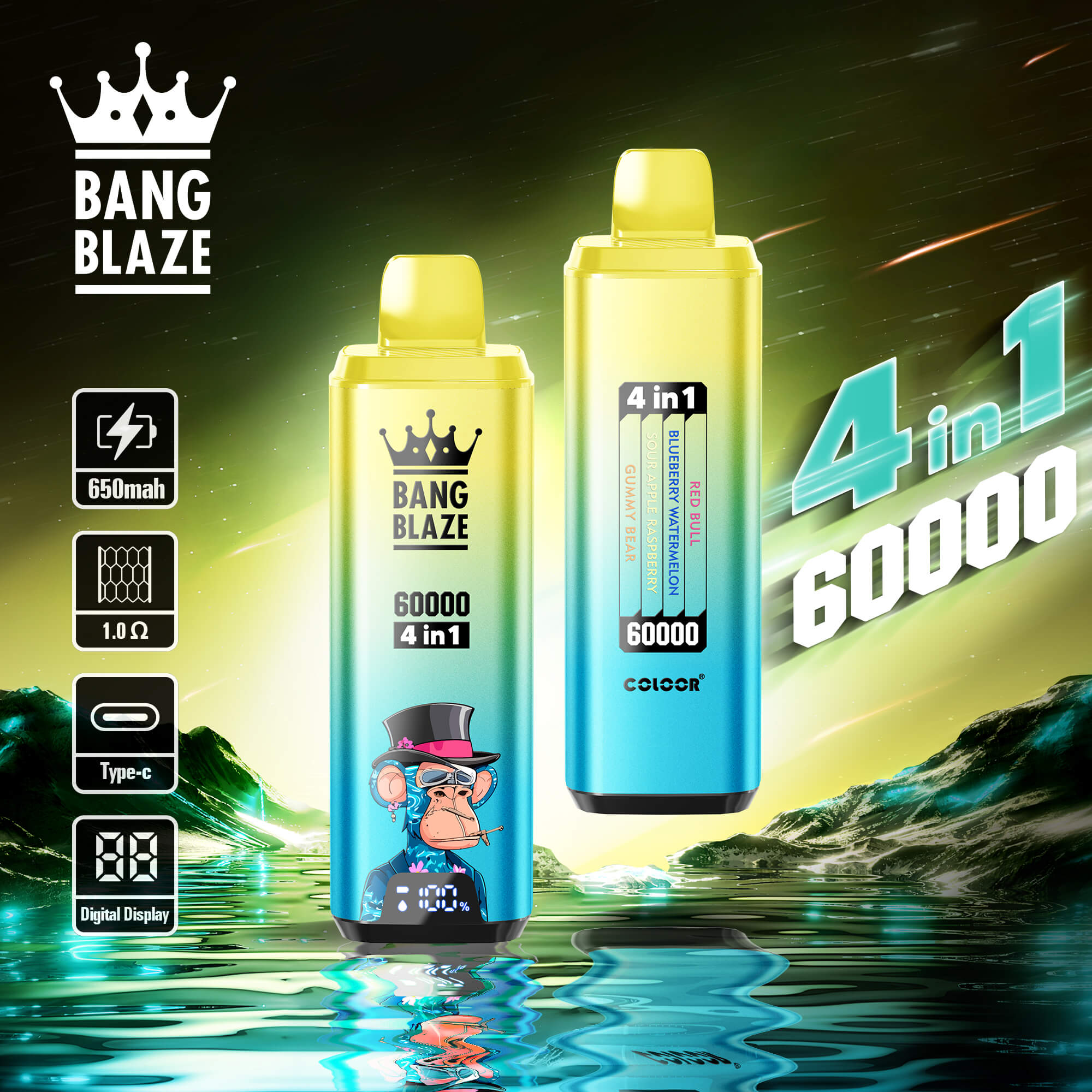 Bang Blaze 60000 Puffs 4in1 Vape | 56ML E-liquid, 650mAh Battery, Type-C Rechargeable, 12 Flavor Options60000パフ 4in1 ベイプ | 56ML Eリキッド、650mAhバッテリー、Type-C充電式、12種類のフレーバー