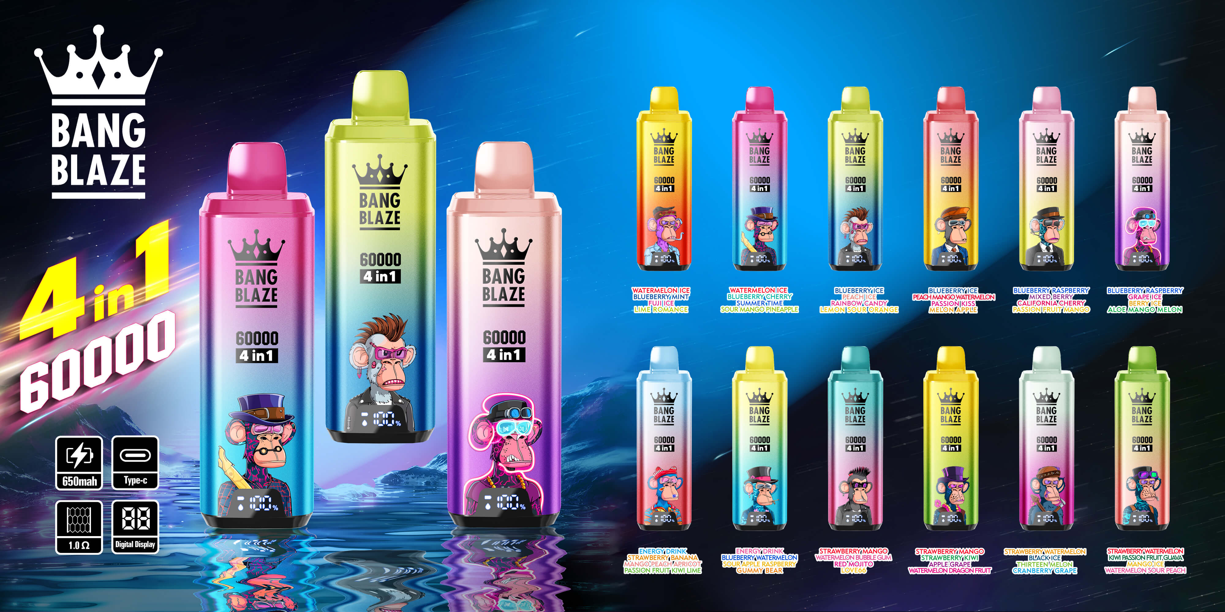 Bang Blaze 60000 Puffs 4in1 Vape | 56ML E-liquid, 650mAh Battery, Type-C Rechargeable, 12 Flavor Options60000パフ 4in1 ベイプ | 56ML Eリキッド、650mAhバッテリー、Type-C充電式、12種類のフレーバー