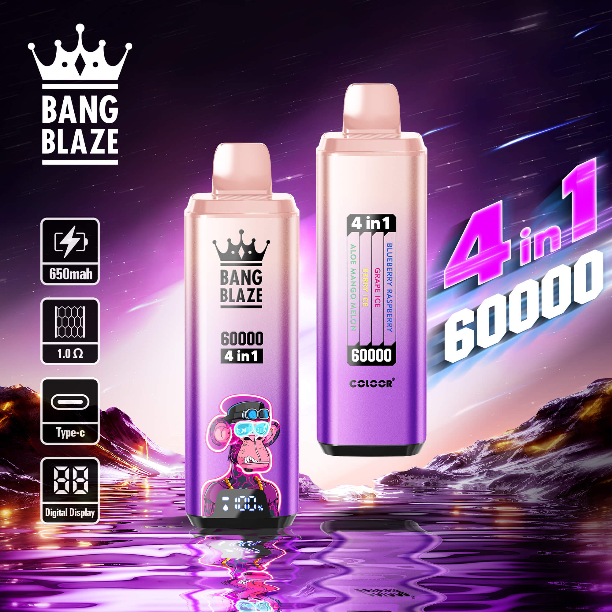 Bang Blaze 60000 Puffs 4in1 Vape | 56ML E-liquid, 650mAh Battery, Type-C Rechargeable, 12 Flavor Options60000パフ 4in1 ベイプ | 56ML Eリキッド、650mAhバッテリー、Type-C充電式、12種類のフレーバー