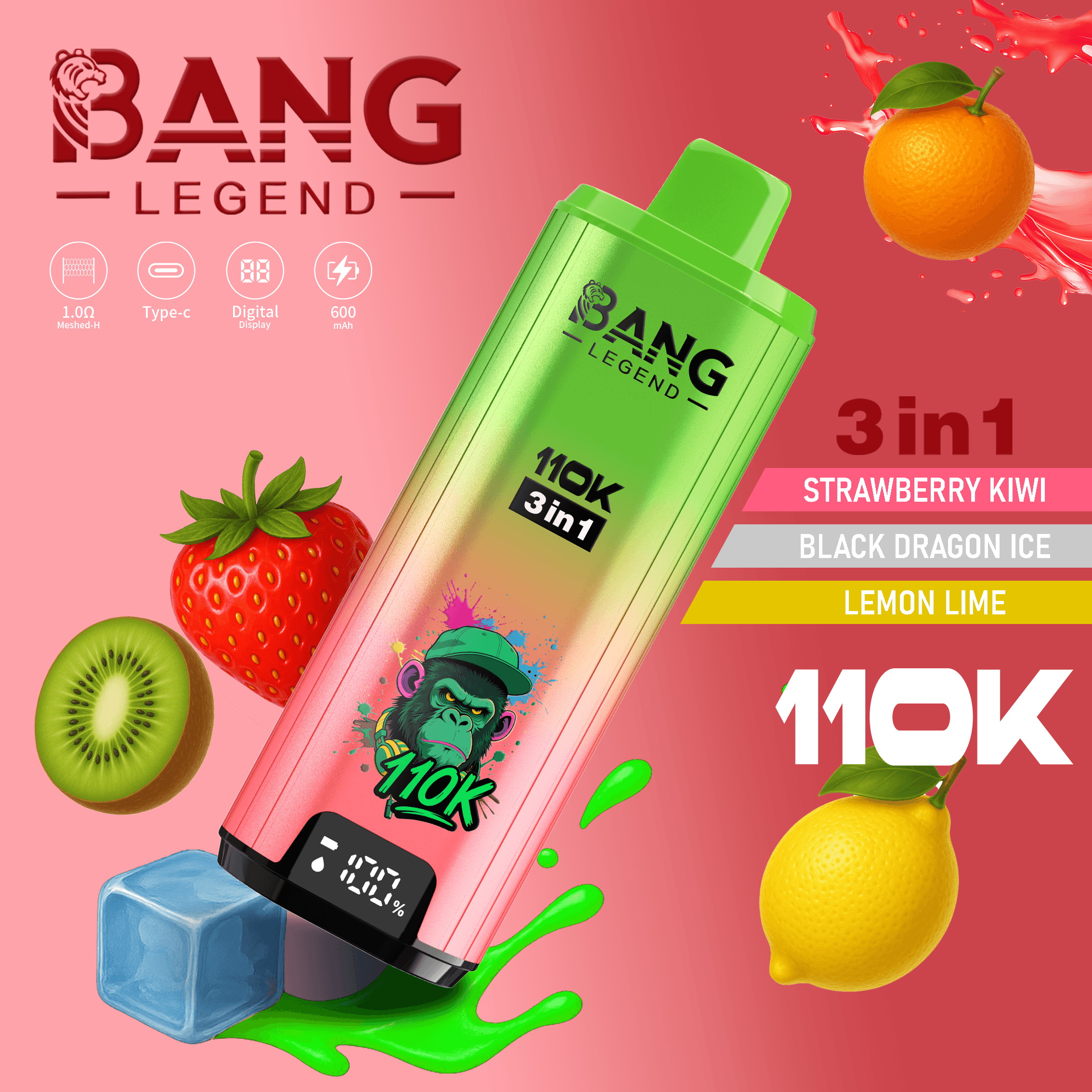 Bang Legend 110000 Puffs 3in1 Vape – Ultra Long-Lasting, Mesh Coil, Type-C Charging, 12 Flavor Combos 超長持ち、メッシュコイル、Type-C 充電、12 種類のフレーバーコンボ