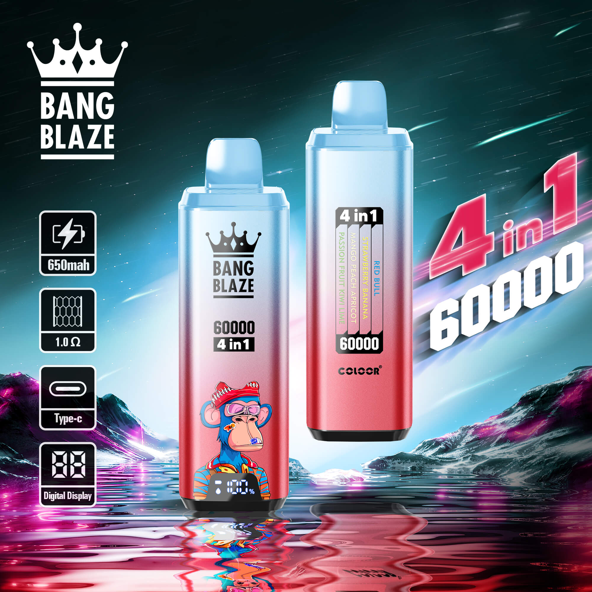 Bang Blaze 60000 Puffs 4in1 Vape | 56ML E-liquid, 650mAh Battery, Type-C Rechargeable, 12 Flavor Options60000パフ 4in1 ベイプ | 56ML Eリキッド、650mAhバッテリー、Type-C充電式、12種類のフレーバー